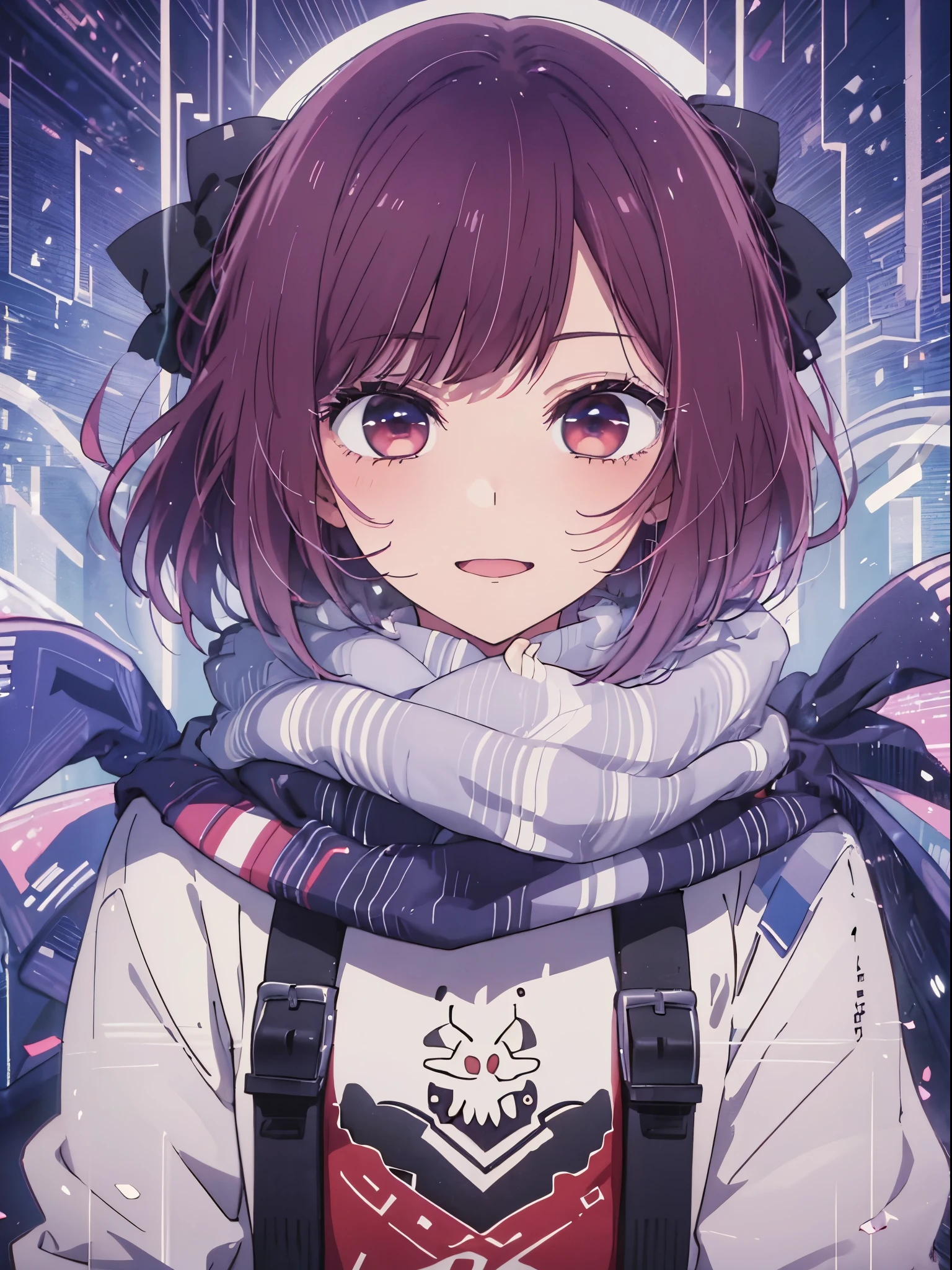 ​masterpiece、ighly detailed、(1 girl in:1.2)、Red hair、big eye、(((a closeup)))、smil、short-hair、(((anime styled)))、(((2D)))、Red Eyes、Open your mouth、(((Plain clothe)))、(((Winter clothes)))、8K、