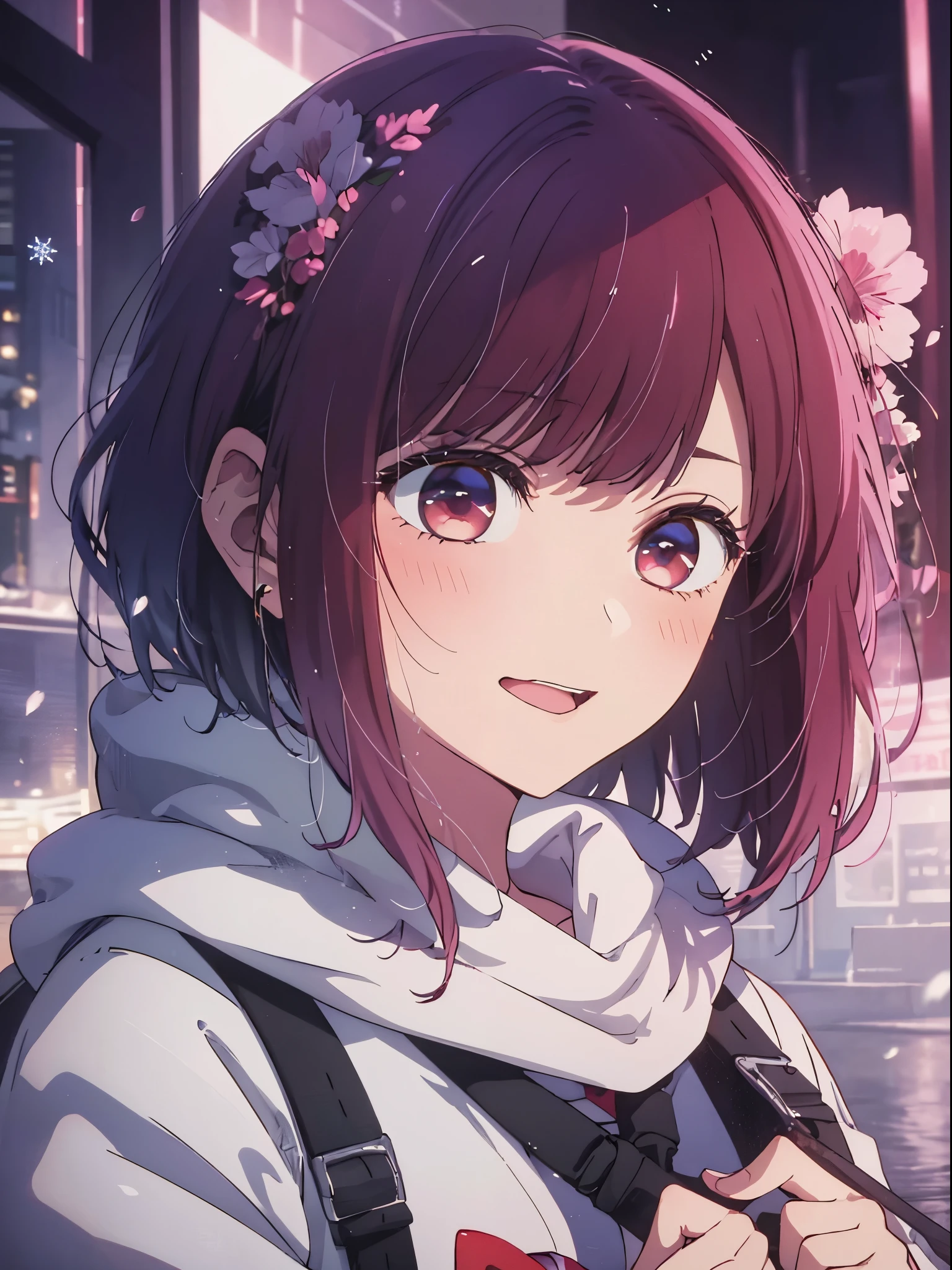 ​masterpiece、ighly detailed、(1 girl in:1.2)、Red hair、big eye、(((a closeup)))、smil、short-hair、(((anime styled)))、(((2D)))、Red Eyes、Open your mouth、(((Plain clothe)))、(((Winter clothes)))、8K、