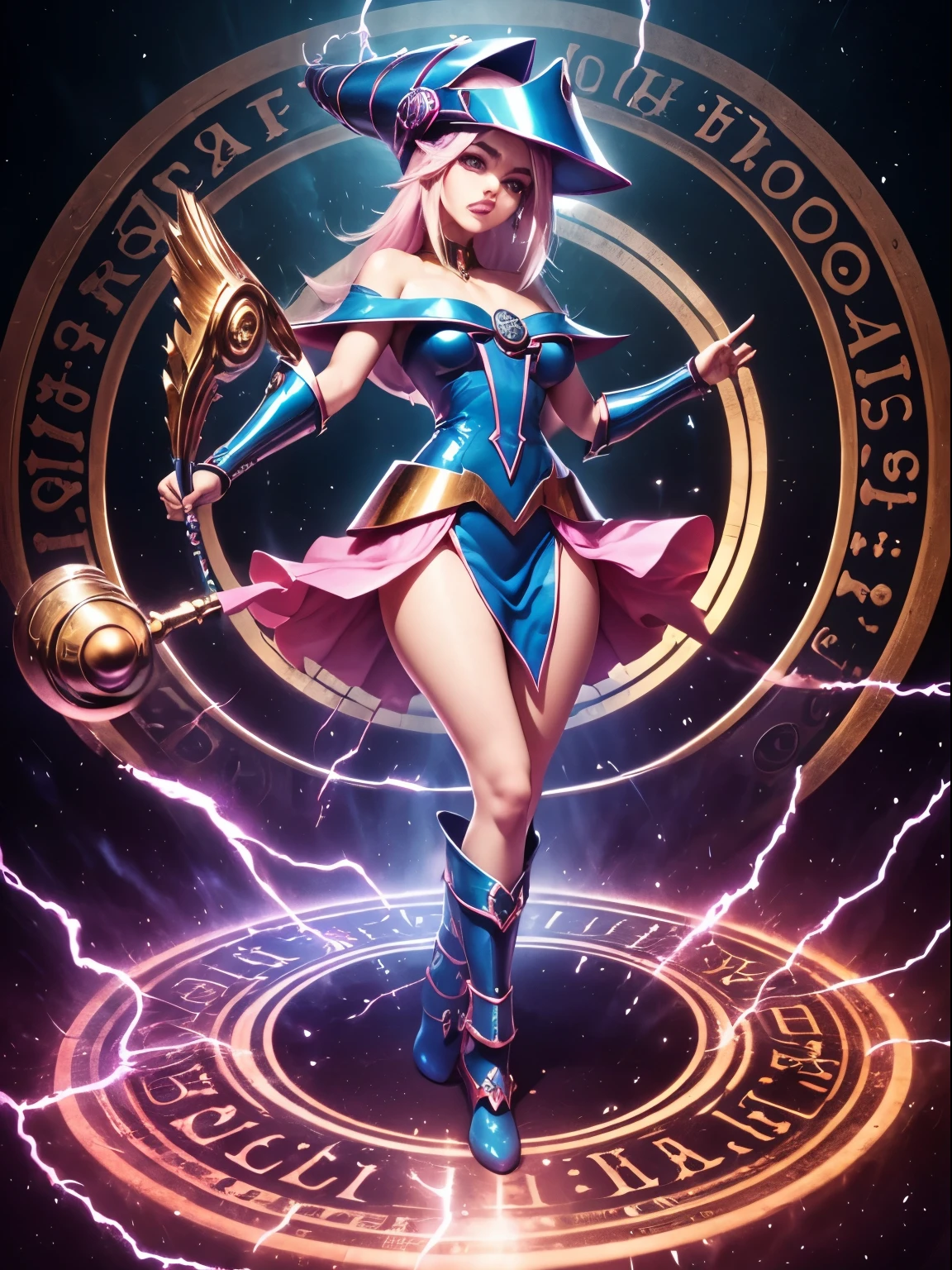 ultra-detallado, extremadamente detallado, obra maestra, sthe highest qualit, la mejor calidad, absurdos, highres, dark magician girl, (1girl: 1.2), solo, cara detallada, dynamic pose, flujo de cabello, (cuerpo completo: 1.1), cabello rubio, cabello largo, mirando al espectador, ojos verdes, skindentation, piel detallada, poros de la piel, (piel brillante, piel brillante: 1.1), detalles de piel rosada, senos, toenail polish, falda, calzado azul, sombrero azul, sombrero de mago, varita, holding hat, (bragas azules: 0.9), (summoning circle: 1.1), hexagrama, pentacle, pentagrama, yu-gi-oh!, monstruo de duelo, Purple Magic Field, resplandor, fondo detallado, fondo intrincado, Pose sujestiva y sensual