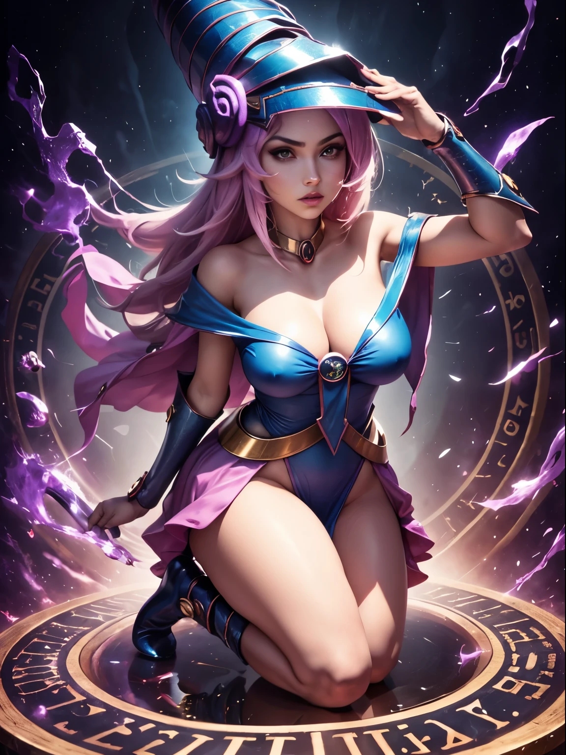 ultra-detallado, extremadamente detallado, obra maestra, sthe highest qualit, la mejor calidad, absurdos, highres, dark magician girl, (1girl: 1.2), solo, cara detallada, dynamic pose, flujo de cabello, (cuerpo completo: 1.1), cabello rubio, cabello largo, mirando al espectador, ojos verdes, skindentation, piel detallada, poros de la piel, (piel brillante, piel brillante: 1.1), detalles de piel rosada, senos, toenail polish, falda, calzado azul, sombrero azul, sombrero de mago, varita, holding hat, (bragas azules: 0.9), (summoning circle: 1.1), hexagrama, pentacle, pentagrama, yu-gi-oh!, monstruo de duelo, Purple Magic Field, resplandor, fondo detallado, fondo intrincado, Pose sujestiva y sensual