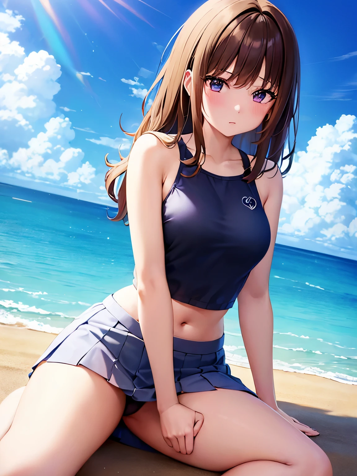 anime girl in a swim suit in a pool with a leaf on her head, wet swimsuit, realistic bikini, is wearing a swimsuit, swimsuit, oppai, smooth anime cg art, bathing suit, seductive anime girl, asuka suit under clothes!, nami one piece, pixiv 3dcg, rin, shiny wet skin!!, splash art anime , jpn idol,1girl,dynamic pose,beach,swimwear, looking at viewer, thick eyebrows, laughing,(One lady)、(​masterpiece)、(best qualtiy)、(ultra-detailliert)、(a high chroma)、(CG Illustration)、((Full Angle))、Female, 20 years old、Delicate beautiful face、(red blush)、(Wavy long hair、Dark blonde hair)、(dishevled hair)、((Shoulder top))、See-through clothes:1.3、((Black stockings))、(Pink lace panties)、(Dark blue pleated skirt)、(teats)、breasts of medium size,、((turned around))、(Woman sitting on the floor)、The best lighting、simple background、Anime girl in bikini standing on the beach with palm trees, Wallpaper Anime Blue Water, 4k Race Manga wallpaper, anime moe art style, Anime! 4K, Anime! 4 k, Seductive anime dick girl, Anime wallpapers in 4K, ultra hd anime wallpaper, realistic bikini, marin kitagawa fanart, [ Digital Art in 4K ]!!, Ecchi anime style, Anime girl sitting on bed with arms crossed, an anime drawing by Jin Homura, pixiv, shin hanga, anime moe art style, Cute anime girl, marin kitagawa fanart, small curvy loligatoro, Anime Best Girl, Anime visuals of cute girls, young anime girl, an anime girl, pretty anime girl, Anime Girl, ighly detailed、​masterpiece、top-quality、Ultra-high decomposition energy A、8K High Resolution、Photogenic clarity、A detailed eye、Gradation、perfect anatomy body proportions ,hard disk、nffsw (English) ,Nikon Z9 80mm Lens , masutepiece、Model Standing、Light blue panties made of lace material、White tight t-shirt、The dress is made of white lace material(((Show me all my panties)))、(((The skirt is definitely worn)))、(((Lift skirt hem)))、panties focus、too bright natural light、Sunshine、Detailed lace panty pattern、Ordinary panties、(((while standing, Lift your skirt to show