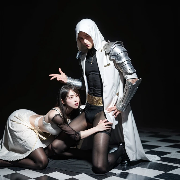 2 males, empty background, human chess, checkmate, white knight kills black king, beautiful eyes, male tights, male crotch bulge, buttocks