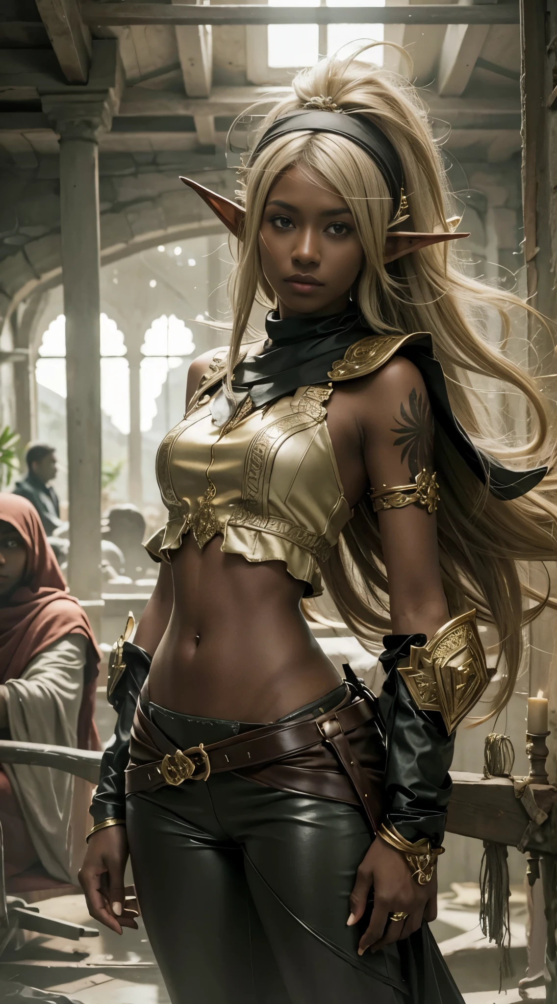 dark skin, medium gold hair, realistic elf