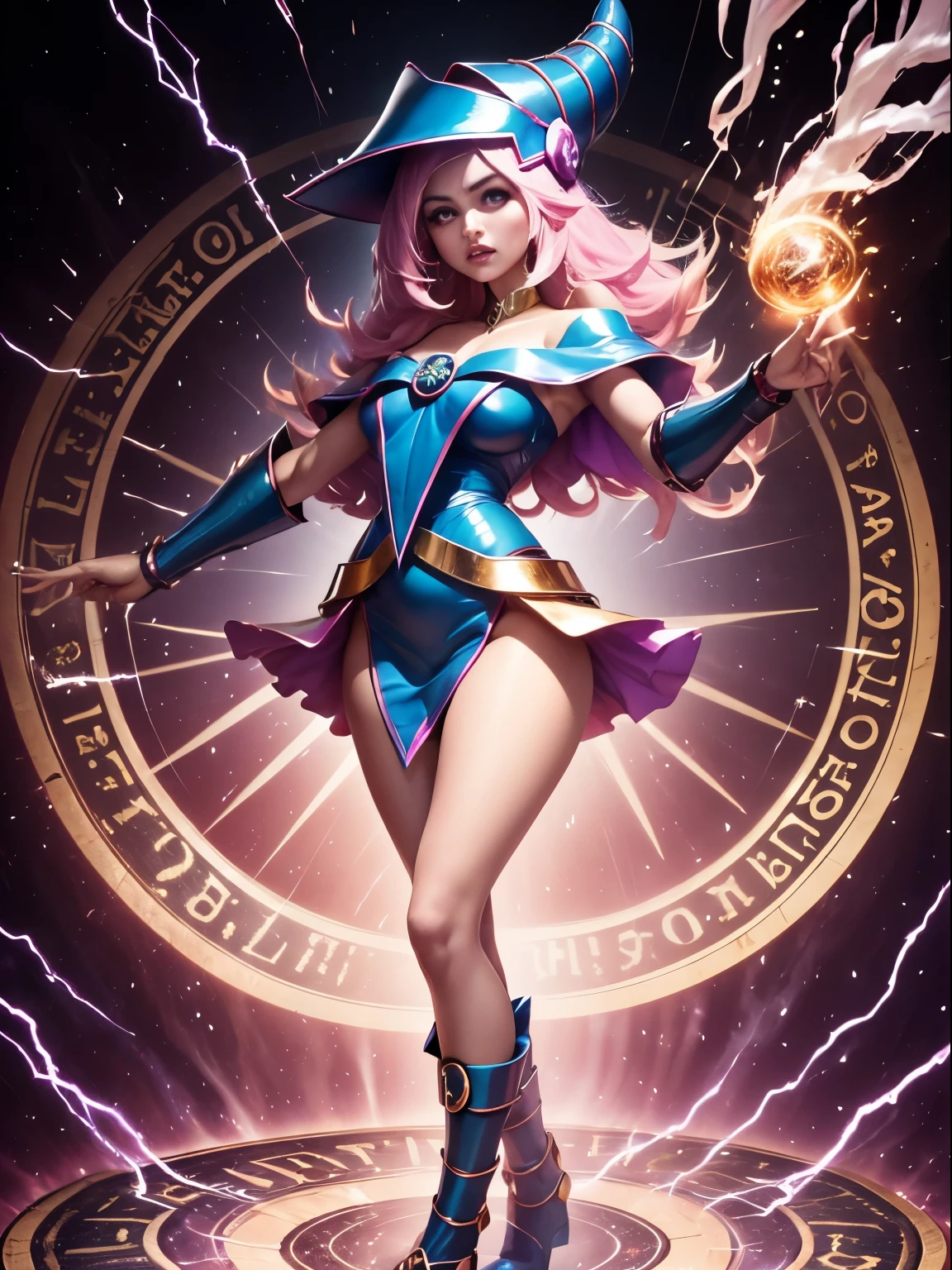 ultra-detallado, extremadamente detallado, obra maestra, sthe highest qualit, la mejor calidad, absurdos, highres, dark magician girl, (1girl: 1.2), solo, cara detallada, dynamic pose, flujo de cabello, (cuerpo completo: 1.1), cabello rubio, cabello largo, mirando al espectador, ojos verdes, skindentation, piel detallada, poros de la piel, (piel brillante, piel brillante: 1.1), detalles de piel rosada, senos, toenail polish, falda, calzado azul, sombrero azul, sombrero de mago, varita, holding hat, (bragas azules: 0.9), (summoning circle: 1.1), hexagrama, pentacle, pentagrama, yu-gi-oh!, monstruo de duelo, Purple Magic Field, resplandor, fondo detallado, fondo intrincado, Pose sujestiva y sensual