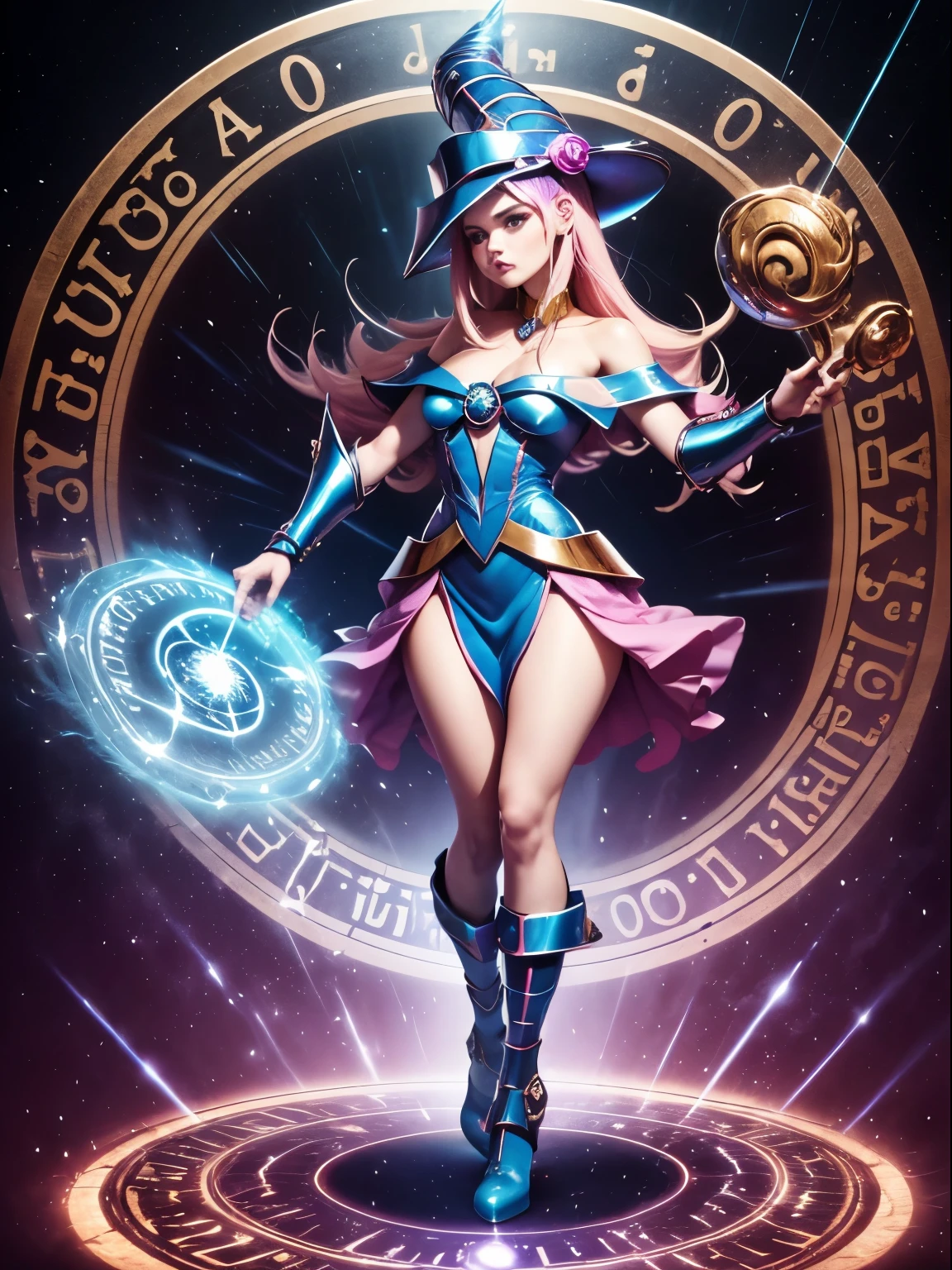 ultra-detallado, extremadamente detallado, obra maestra, sthe highest qualit, la mejor calidad, absurdos, highres, dark magician girl, (1girl: 1.2), solo, cara detallada, dynamic  pose, flujo de cabello, (cuerpo completo: 1.1), cabello rubio, cabello largo, mirando al espectador, ojos verdes, skindentation, piel detallada, poros de la piel, (piel brillante, piel brillante: 1.1), detalles de piel rosada, senos, toenail polish, falda, calzado azul, sombrero azul, sombrero de mago,  varita, holding hat, (bragas azules: 0.9), (summoning circle: 1.1), hexagrama, pentacle, pentagrama, yu-gi-oh!, monstruo de duelo, Purple Magic Field, resplandor, fondo detallado, fondo intrincado, Pose sujestiva y sensual