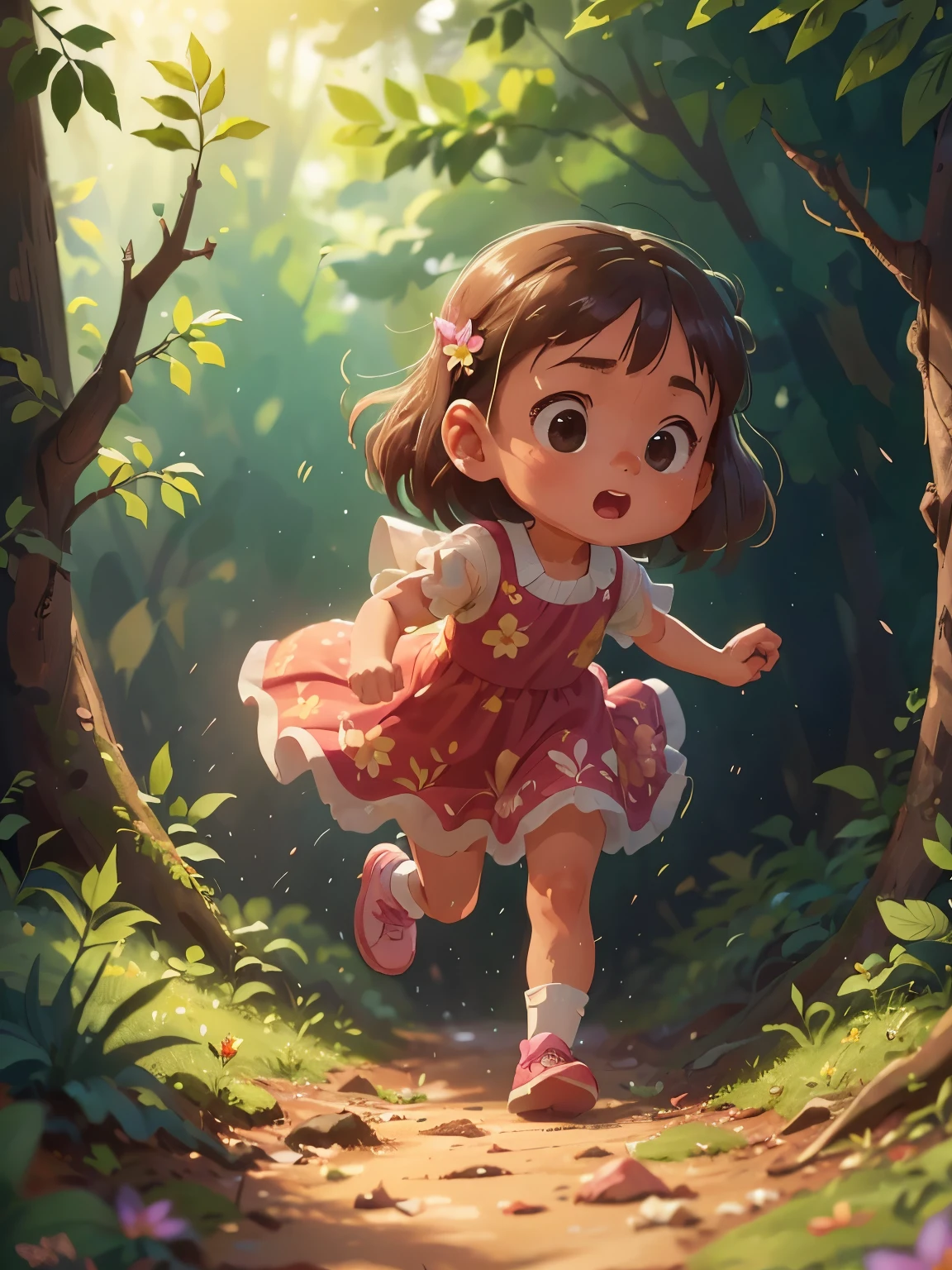 A 5  girl is running in the forest, She is wearing a flowery dress, Feliz, qualidade perfeita, Clear focus (mess - house: 0.8), (master part: 1.2) (Realistic: 1.2) (Bokeh) (best quality) (pele detalhada: 1.3) (detalhes intrincados) (8k) (detalhe do olho) (foco nítido), (Feliz)