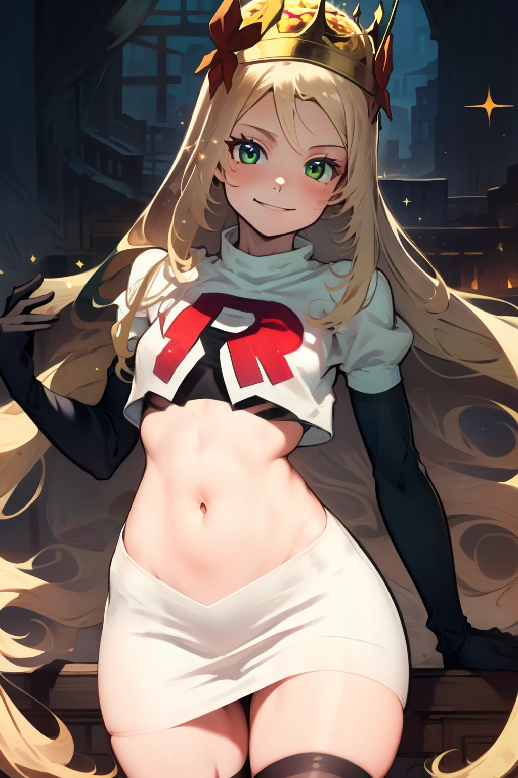 celinefe, celinecrown, team rocket uniform, red letter R, white skirt,white crop top,black thigh-highs,black elbow gloves, evil smile, cowboy shot, posing, sparkles of light around the elbow gloves