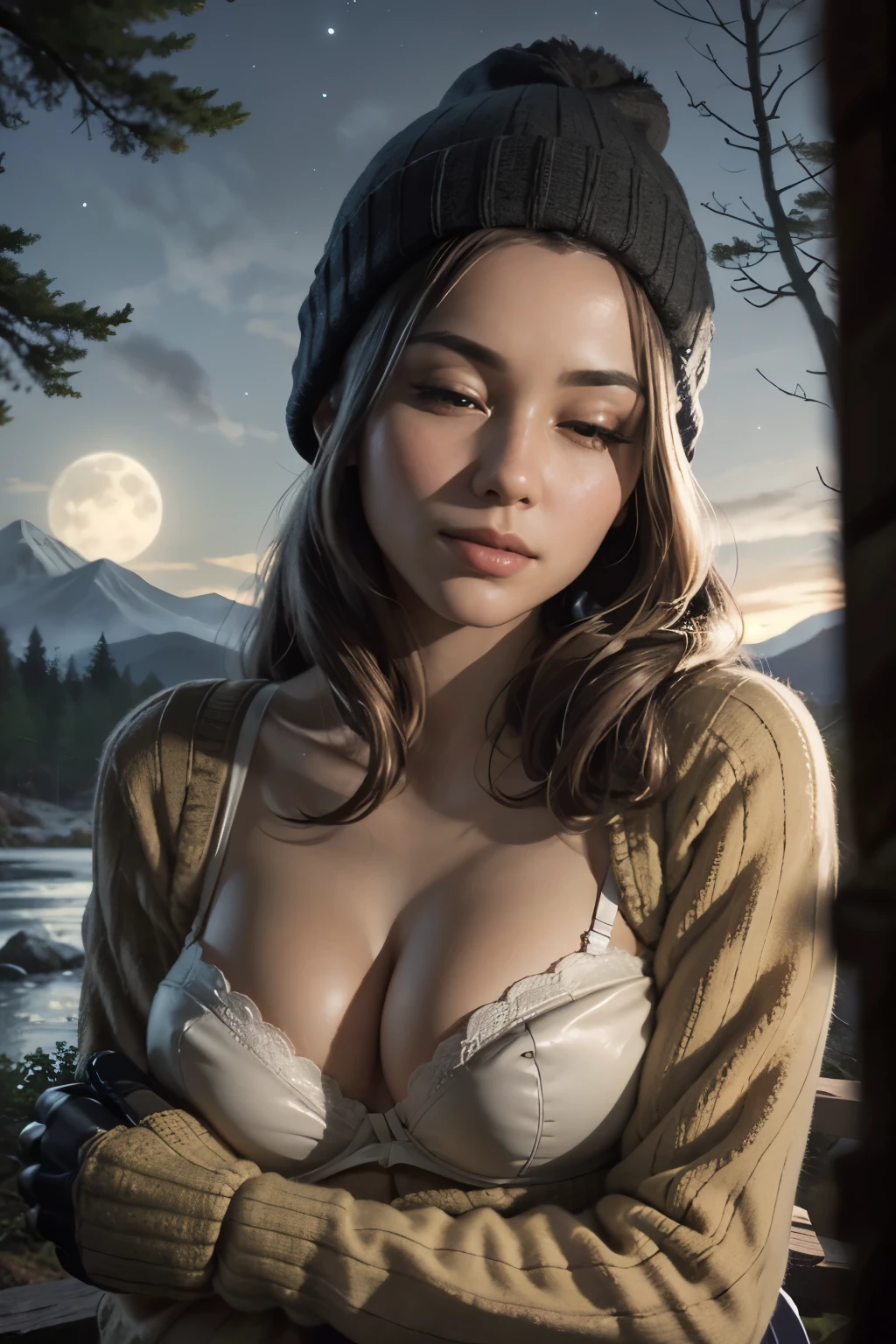 photorealistic, best quality, hyper detailed, beautiful woman, selfie photo, upper body, big breasts, jsolo, wearing bra, outdoors, (night), mountains, real life nature, stars, moon, (cheerful, happy), sleeping bag, gloves, sweater, beanie, flashlight, forest, rocks, river, wood, smoke, fog, clear sky, analog style, looking at viewer, skin texture, film grain, close up, ultra high res, best shadow, RAW, instagram LUT