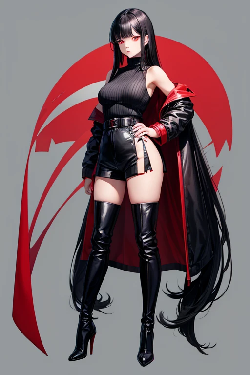 girl with long black hair and red eyes, black sleeveless turtleneck jumpsuit with shorts, red unbuttoned coat with high collar, high black over-the-knee boots, full body, straight bangs, anime style, black background, covered belly,