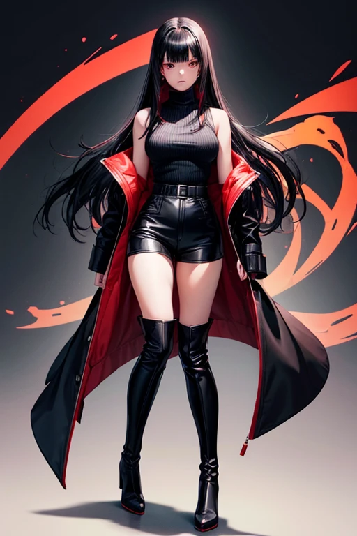 girl with long black hair and red eyes, black sleeveless turtleneck jumpsuit with shorts, red unbuttoned coat with high collar, high black over-the-knee boots, full body, straight bangs, anime style, black background, covered belly,