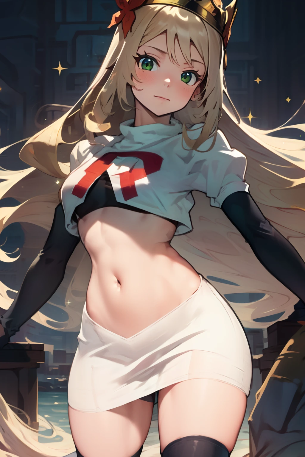 celinefe, celinecrown, team rocket uniform, red letter R, white skirt,white crop top,black thigh-high boots,black elbow gloves, cowboy shot, posing, sparkles of light around the elbow gloves