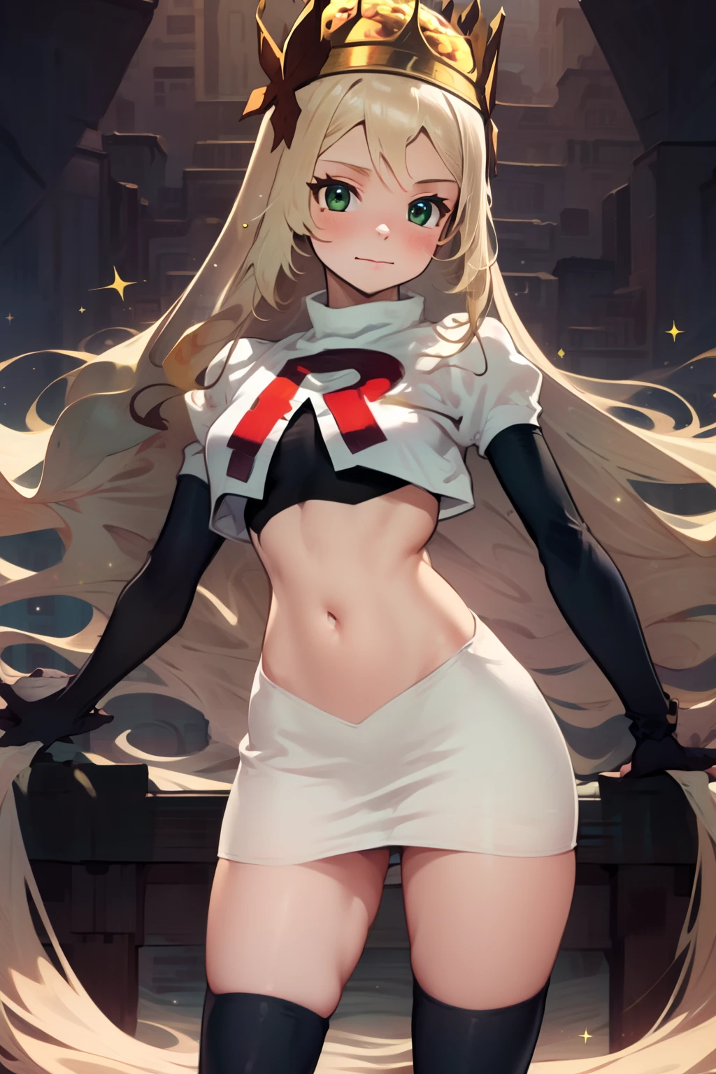 celinefe, celinecrown, team rocket uniform, red letter R, white skirt,white crop top,black thigh-high boots,black elbow gloves, cowboy shot, posing, sparkles of light around the elbow gloves