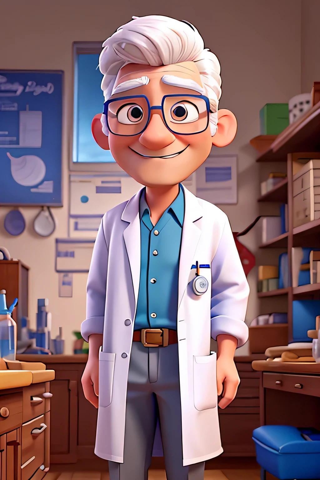 A Disney and Pixar style cartoon of a surgeon doctor with white hair and friendly glasses on his lab coat is written "Dr. sagrado"