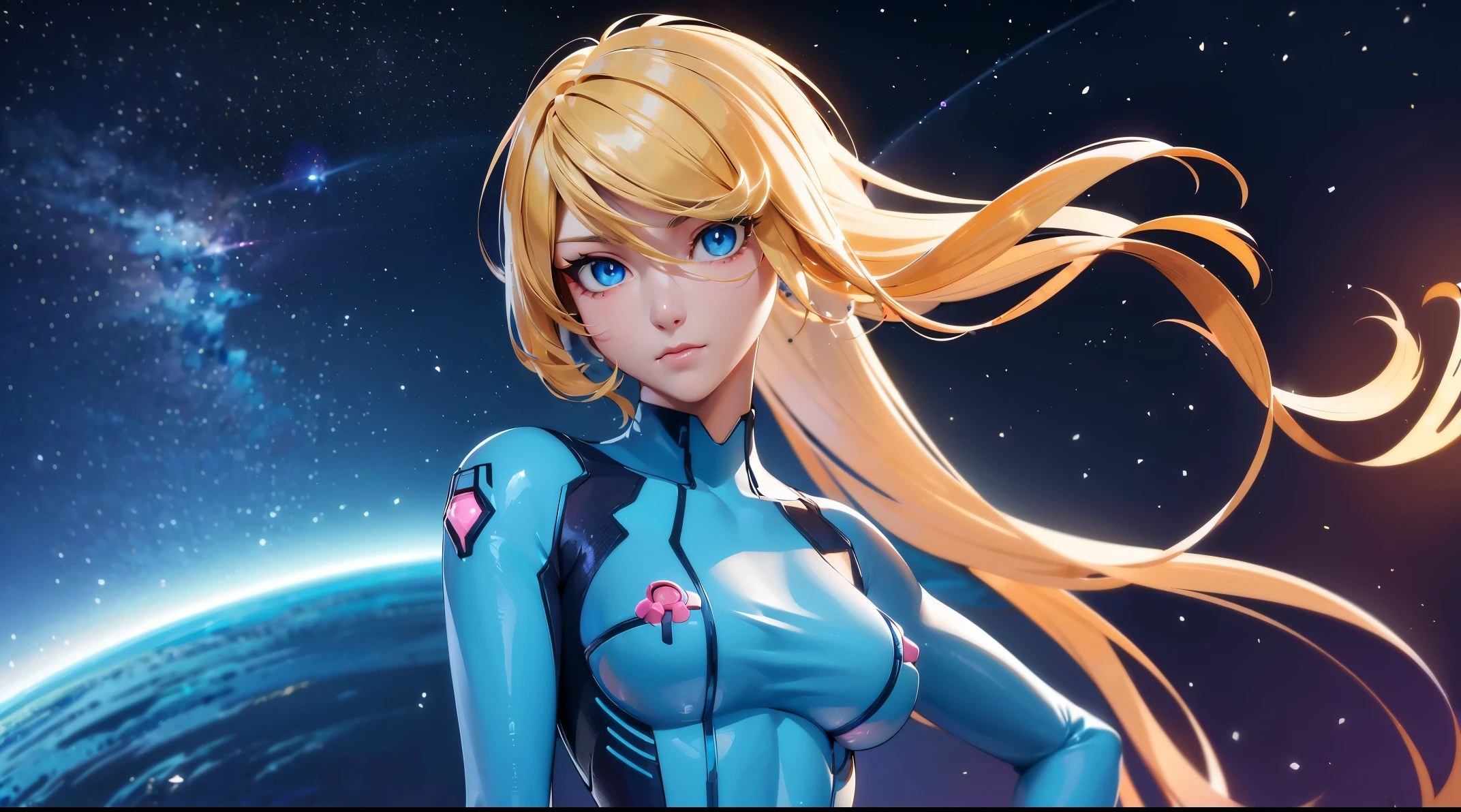 ((Masterpiece)), (Best quality), beautiful, 1girl, Samus Aran \ (Metroid /), beautiful detailed face, 8k, beautiful detailed pupils, ambient light, beautiful eyes, metroid, realistic shadows, close-up, front body view, beautiful detailed eyes, ((Samus Aran Zero suit)), standing looking to the camera, front crossed arms, night, space_background