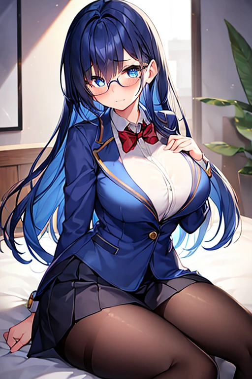 1girl, breasts, large breasts, dark blue hair, blue hair, long hair, one-eye covered, hair over one eye, blue eyes, black jacket, white skirt, pantyhose, bowtie, shy, timid, blushing, red glasses, glasses, blush, wavy mouth