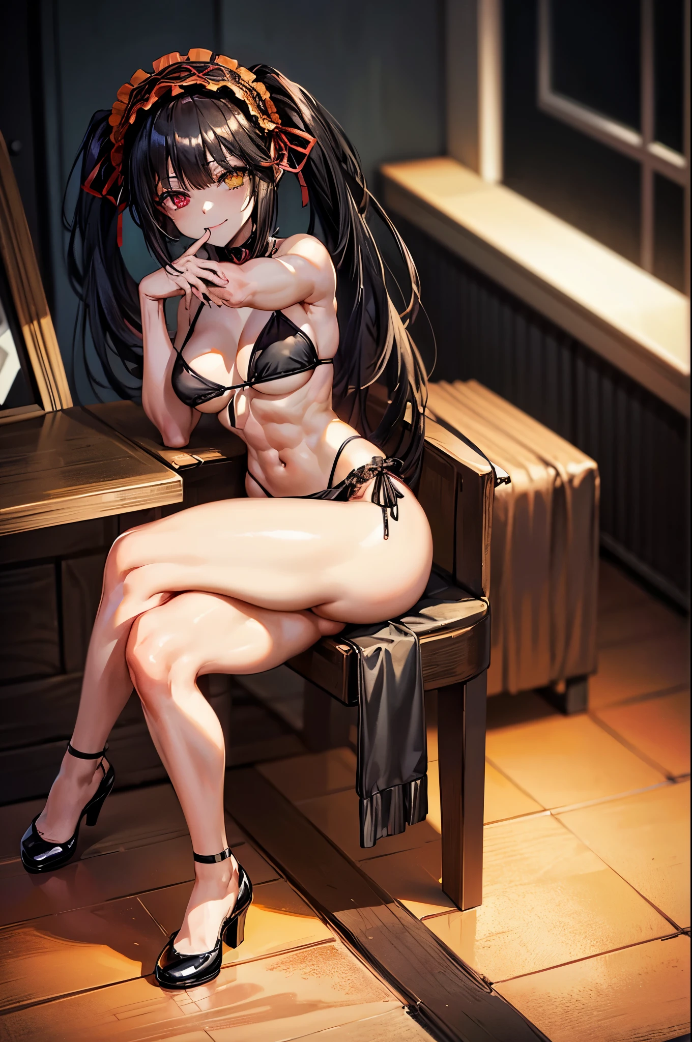 1 girl, bare shoulders, black hair, medium breasts, (muscular legs), muscular belly, wide hips, thin waist, (((clock eyes))), (wearing a very short and sexy bikini), finger to mouth, ( ((in the motel room))), full body, hairband, (sitting on chair with legs crossed), heterochromia, index finger raised, black high-heeled shoes, ta hairband, long hair, Looking at the Viewer, red eyes, smile, alone, symbol-shaped pupils, (Kurumi Tokisaki), twintails, yellow eyes,