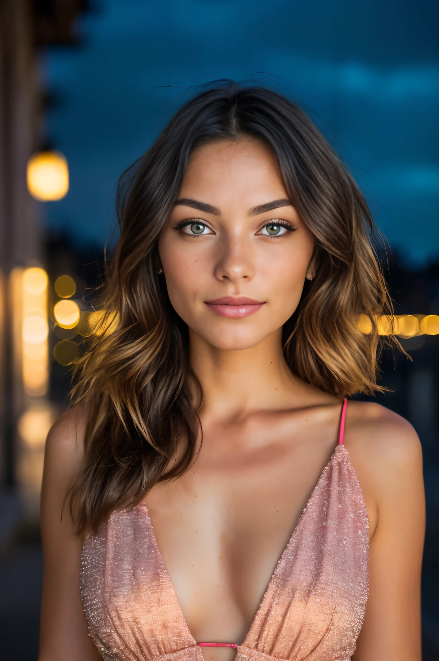 RAW uhd closeup portrait of a 25-year-old brunette, natural brunette hair, locks, wavy, (brown-eyed woman) in an apartment, Prague background, night starry sky, ,breasts naturai, city night background, (red summer dress), (neckline), detailed (textures!, hair!, brightness, color!, imperfections:1.1), highly detailed bright eyes, (looking at the camera), specular lighting, dslr, ultra quality, sharp focus, sharp, dof, film grain, (centered), Fujifilm XT3, crystal clear, center of frame, cute face, sharp focus, light pole, neon lights, bokeh, (dimly lit), low key, at night, (night sky)