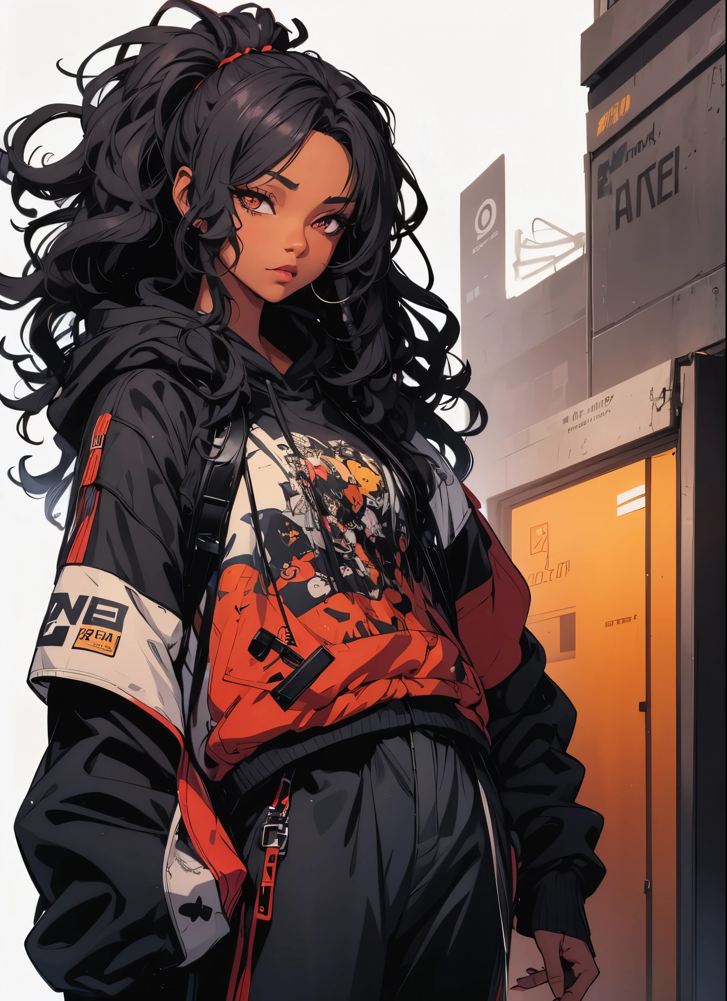 a woman with long black hair wearing a jacket and pants, African American skin, girl fanart, she is wearing streetwear, detailed anime character art, highly detailed character design, in style of digital illustration, anime style character, high quality character design, anime style illustration, cyberpunk anime girl in hoodie, black long curly hair, rossdraws | afrofuturism