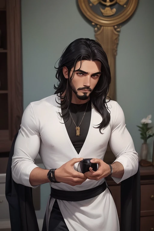 Su cabello es negro azabache, his eyes are grayish blue, y su piel tiene un tono aceitunado. A pesar de su apariencia, No one would say he has Russian ancestry.. Su rostro es ovalado, with a small hourglass shaped knob. Los ojos de Nacho son grandes y rasgados, accompanied by a long and ankylosed nose. Su boca es larga, with the lower lip slightly thicker than the upper lip. Tiene miembros largos, delgados y fibrosos, y una espalda ancha, como si siempre llevara puesto un traje Slim fit hecho a medida. The image seeks to capture Nacho's unique and distinctive presence, balancing the elegance of his facial features with the robustness of his physical build. Se parece a Jesucristo