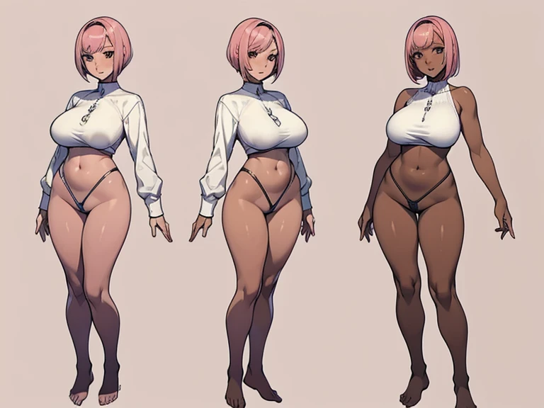 Female original character reference sheet adoptable, pink hair, (short bangs hair:1.36), detailed brown eyes, narrow waist, depth of field, 1girl, (on a   background:1.3), (full body), pose, big breasts, wide hips, athletic figure, ((thigh cutout)), (((dark skin:1.0))), oily skin,