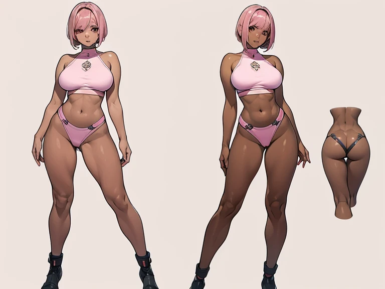 Female original character reference sheet adoptable, pink hair, (short bangs hair:1.36), detailed brown eyes, narrow waist, depth of field, 1girl, (on a background:1.3), (full body), pose, big breasts, wide hips, athletic figure, ((thigh cutout)), (((dark skin:1.0))), oily skin,