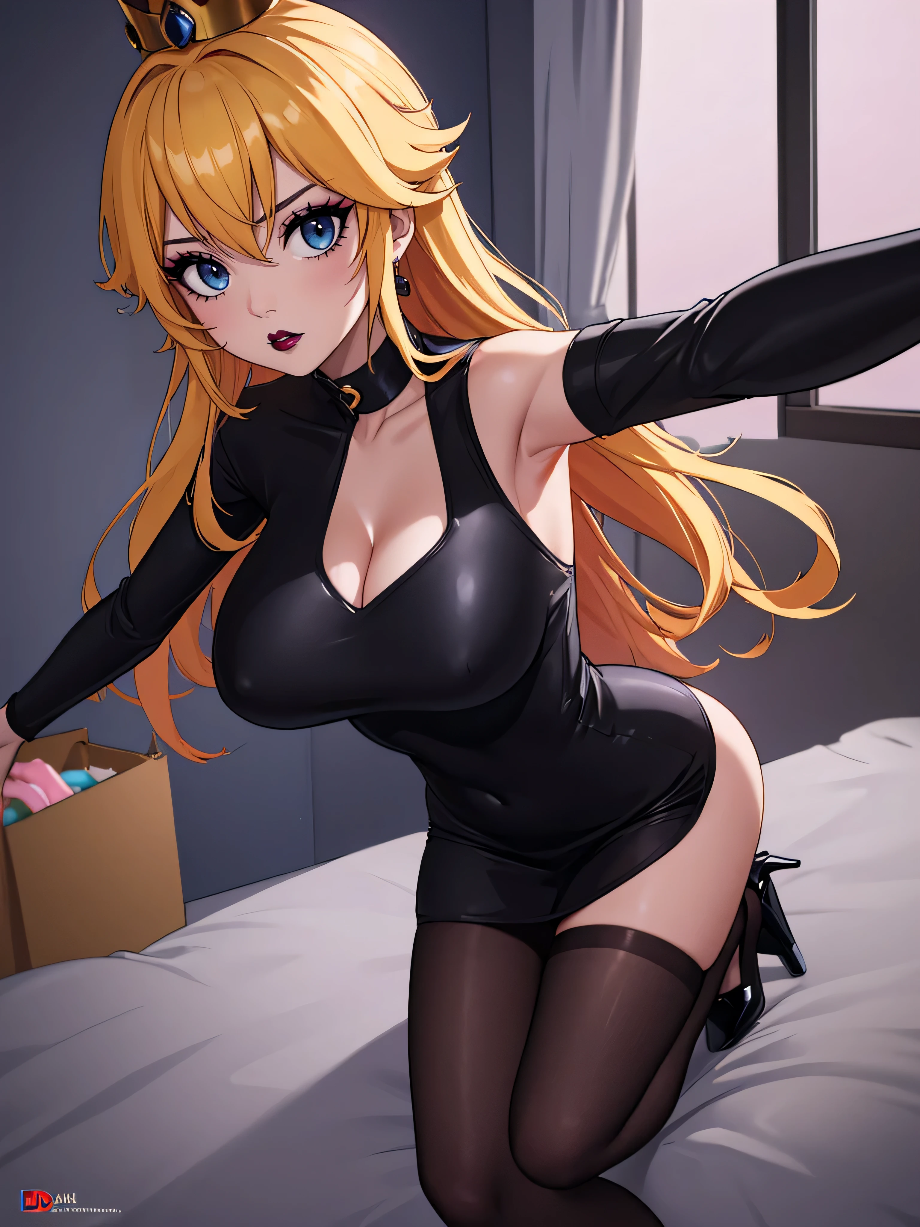 ((high detailed, best quality, 4k, masterpiece, hd:1.3)), ((best quality)), ((HD)), ((8k)), (ultraHD), log cabin, bonfire, Christmas Tree, X-Mas tree, Princess Peach with christmas gifts, BREAK blue eyes, seductive, attractive, smooth anime cg art, 36C breasts, cleavage, long legs, vivid colors, detailed digital art, slim body, perfect skin, blonde hair over one eye, BREAK crown, cleavage, looking at viewer, BREAK looking at viewer, extremely detailed face, pink_T-shirt, pink T-Shirt, black_thong, black_gstring_thong, black thong, earrings, gem, dark black makeup lips, (black high heels), high heels, dark gothic eyeshadows, dark eyeshadows, black eyeshadows, black sexy lips, black lips, (dark:1.2), dark lips, very dark lips, (perfect hands, perfect anatomy), black makeup, black lips, detailed fingers, five fingers per hand, 5 fingers, (1 girl), (solo:1.3), detailed lips, detailed black lips, black painted lips, gothic painted lips, (breast focus), (breasts out:1.3), (off shoulder:1.1), ((Arms outstretched:1.2))