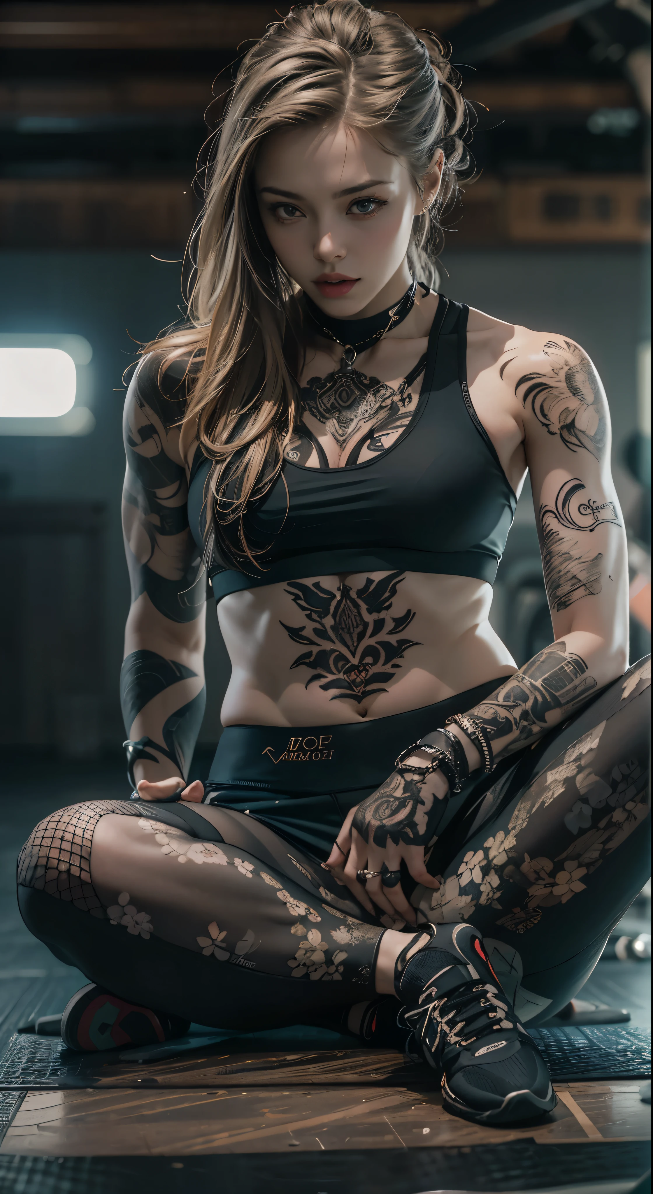 (best quality) Detailed sportswear girl, sitting on the gym floor, spread legs, wearing an intricate leggings and sports bra, highlighting the slight abs, while the chest tattoo adds a cinematic touch to the scene amidst the black tattoo, and cinematic lighting perfects the overall ambiance.