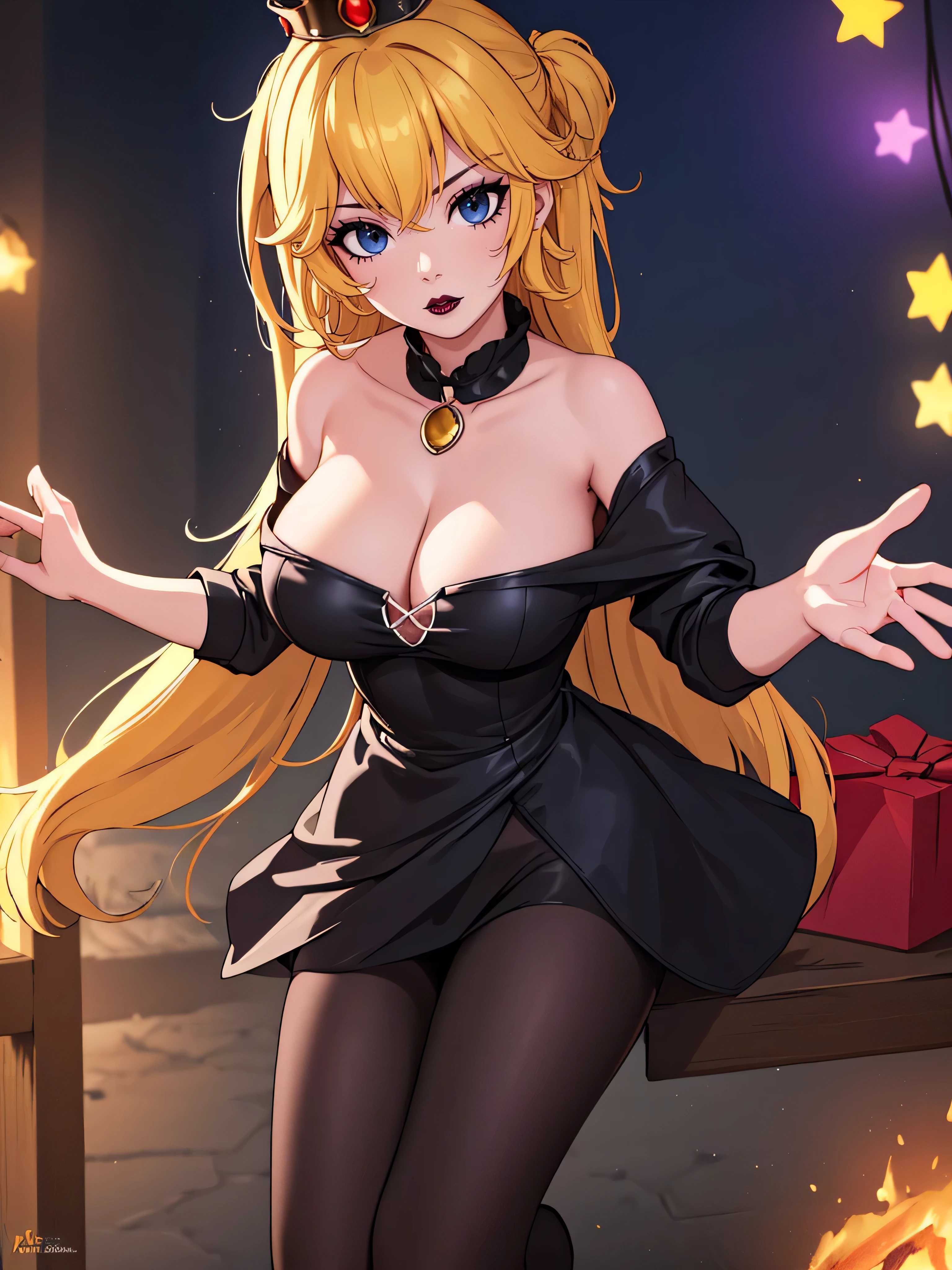 ((high detailed, best quality, 4k, masterpiece, hd:1.3)), ((best quality)), ((HD)), ((8k)), (ultraHD), log cabin, bonfire, Christmas Tree, X-Mas tree, Princess Peach with christmas gifts, BREAK blue eyes, seductive, attractive, smooth anime cg art, 36C breasts, cleavage, long legs, vivid colors, detailed digital art, slim body, perfect skin, blonde hair over one eye, BREAK crown, cleavage, looking at viewer, BREAK looking at viewer, extremely detailed face, pink_T-shirt, pink T-Shirt, black_thong, black_gstring_thong, black thong, earrings, gem, dark black makeup lips, (black high heels), high heels, dark gothic eyeshadows, dark eyeshadows, black eyeshadows, black sexy lips, black lips, (dark:1.2), dark lips, very dark lips, (perfect hands, perfect anatomy), black makeup, black lips, detailed fingers, five fingers per hand, 5 fingers, (1 girl), (solo:1.3), detailed lips, detailed black lips, black painted lips, gothic painted lips, (breast focus), (breasts out:1.3), (off shoulder:1.1), ((Arms outstretched:1.2))