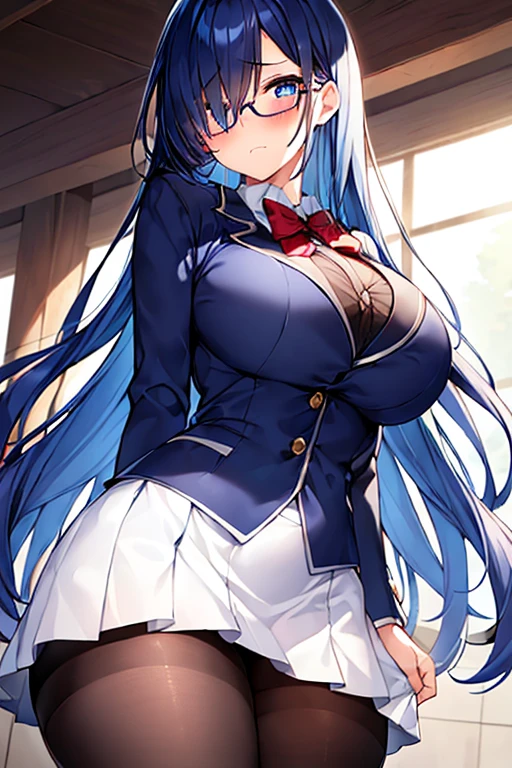 1girl, breasts, large breasts, wide hips, dark blue hair, blue hair, long hair, one-eye covered, hair over one eye, blue eyes, black jacket, miniskirt, white skirt, ((white skirt)), pantyhose, bowtie, red bowtie, shy, timid, blushing, red glasses, glasses, blush, wavy mouth