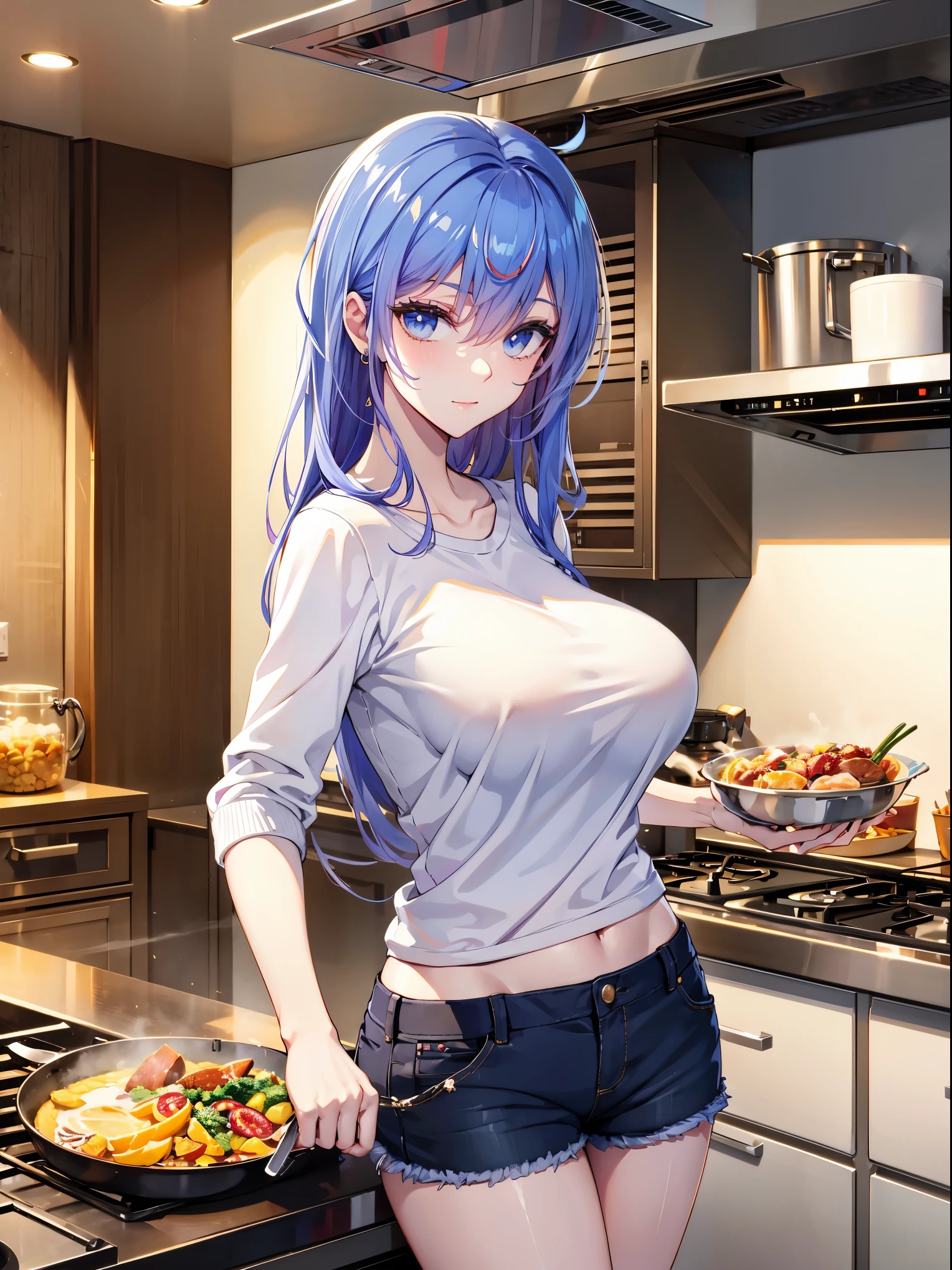 Tang Wutong, big boobs, wearing a sweatshirt and shorts, cooking, kitchen, home