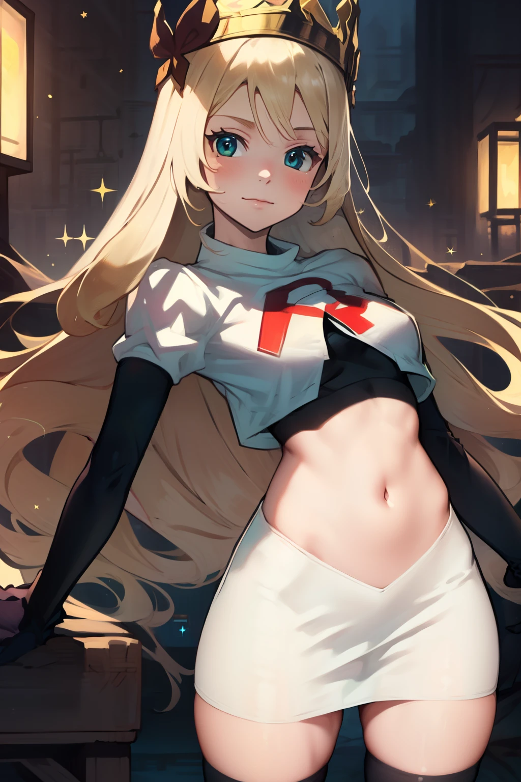 celinefe, celinecrown, team rocket uniform, red letter R, white skirt,white crop top,black thigh-high boots,black elbow gloves, cowboy shot, posing, sparkles of light around the elbow gloves