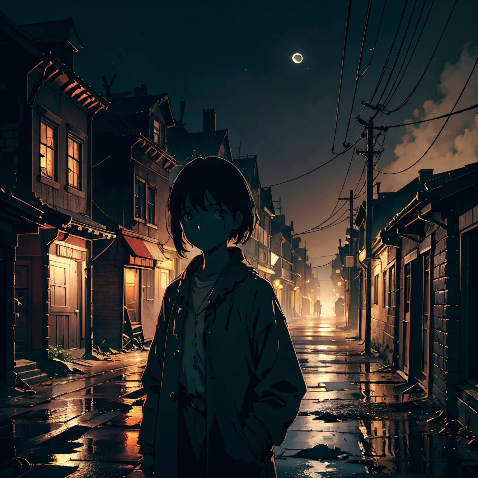 (best quality,highres,ultra-detailed),dark and eerie night scene of neglected streets in small mountain villages, villagers, ancient houses, very detailed and realistic portrayal, with a sense of despair and neglect. The scene is bathed in a somber and terrifying atmosphere, filled with shadows, and a lack of proper care. The streets are lined with worn-out cobblestones, the houses show signs of decay, and the overall ambiance is haunting. The villagers can be seen wandering the streets with tired expressions, wearing tattered clothes, and their eyes reflecting a sense of hopelessness. The moon casts an ominous glow on the scene, illuminating the dilapidated buildings and highlighting the emptiness and neglect. The color palette consists of deep, muted tones, with hints of blues and grays, conveying the desolation and abandonment of the place. The lighting is low and contrasts sharply with the few flickering streetlights, emphasizing the eerie and mysterious atmosphere.