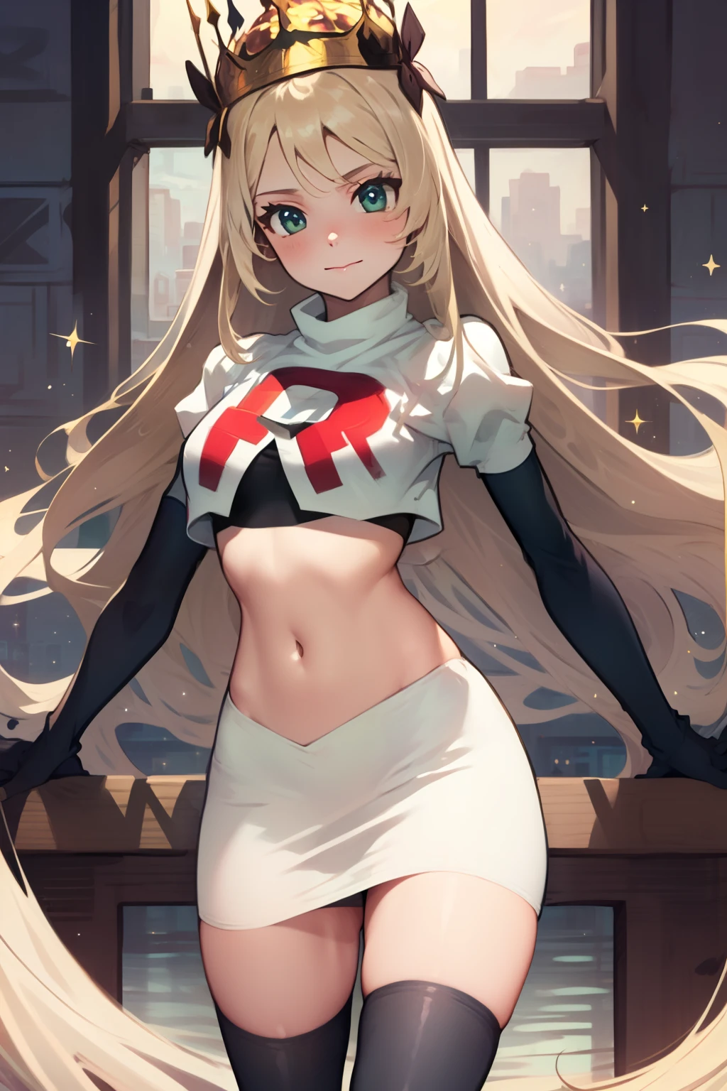 celinefe, celinecrown, team rocket uniform, red letter R, white skirt,white crop top,black thigh-high boots,black elbow gloves, cowboy shot, posing, sparkles of light around the elbow gloves