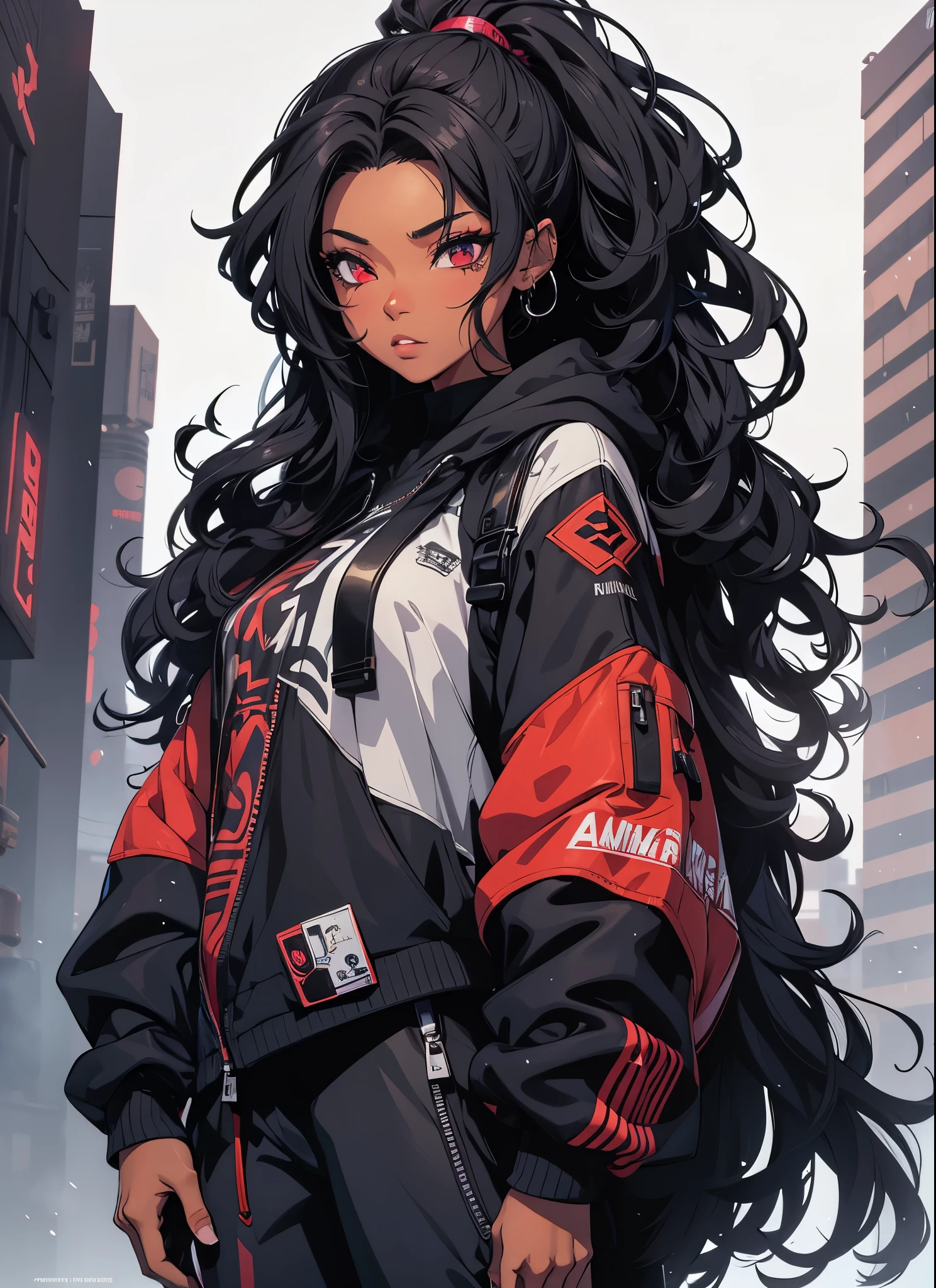 a woman with long black hair wearing a jacket and pants, African American skin, girl fanart, she is wearing streetwear, detailed anime character art, highly detailed character design, in style of digital illustration, anime style character, high quality character design, anime style illustration, cyberpunk anime girl in hoodie, black long curly hair, rossdraws | afrofuturism
