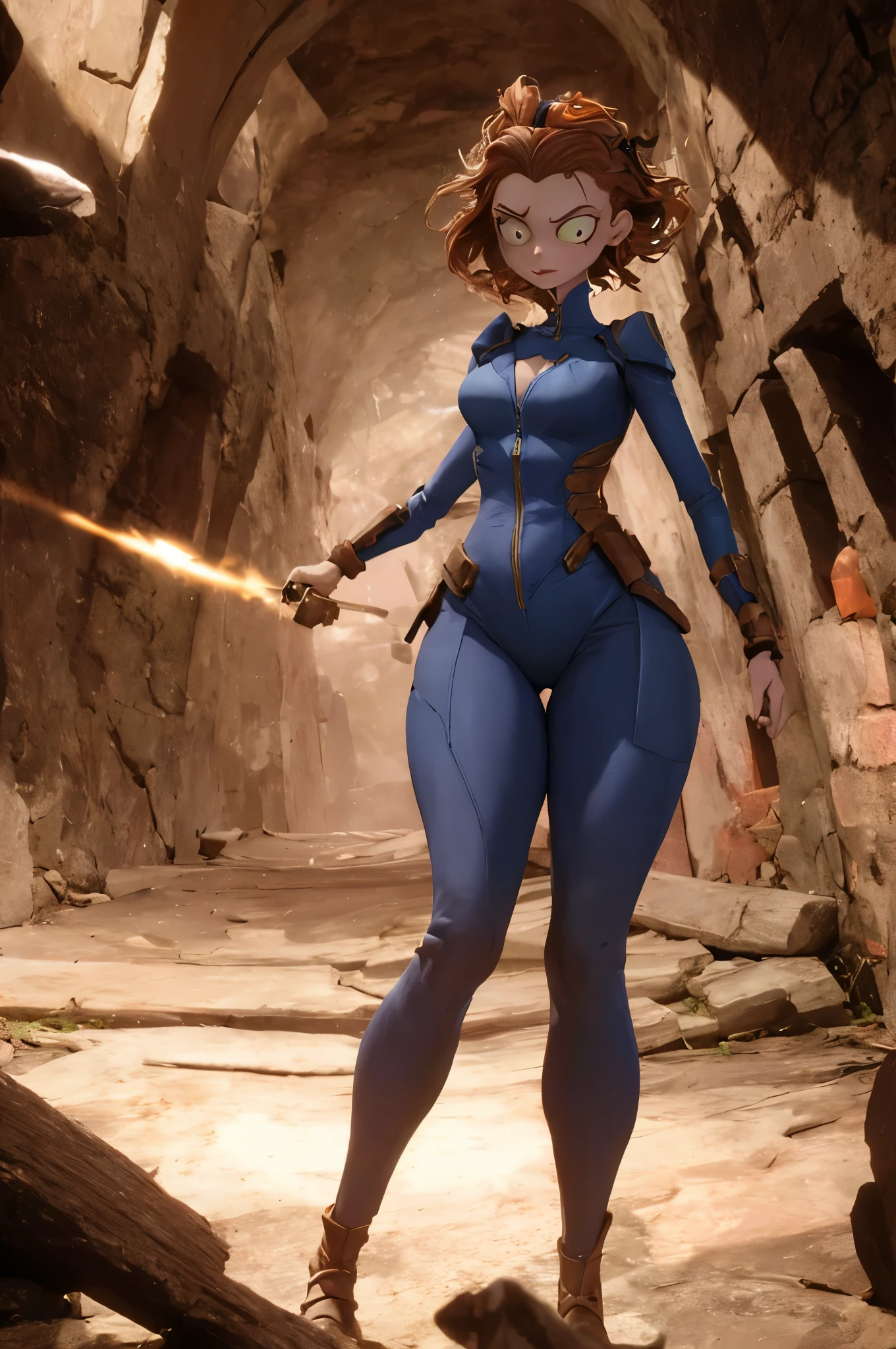 TimBurton Animation, photo of woman in a vault suit, 1girl, solo, colorful, action face, sneaking in a dark vault, action shot, bright side lighting, graceful, bottom heavy body, thic thighs, wide hips, small breasts