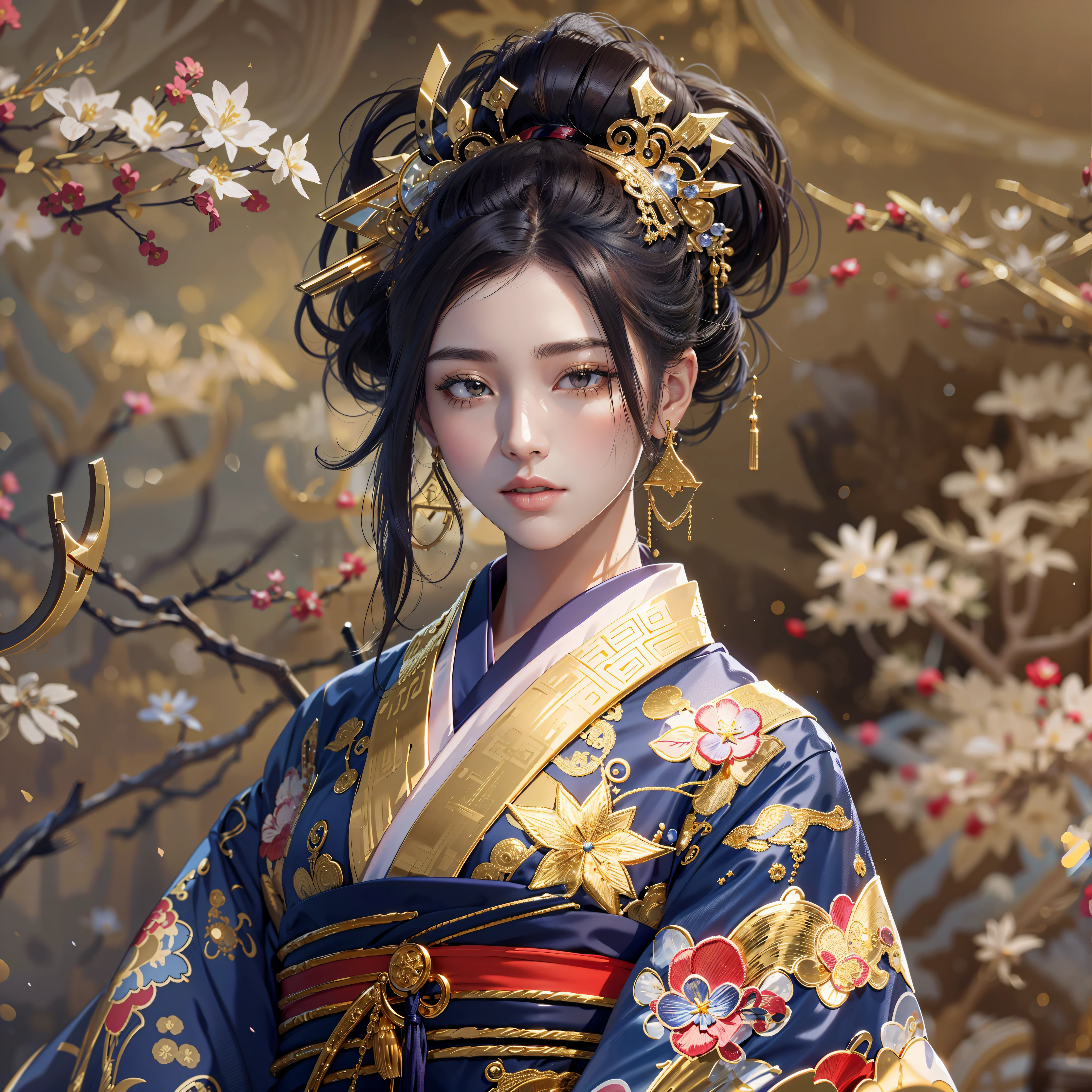 uma lua、Antecedentes detalhados((cidade antiga:1.2),Detailed starry sky background),cabelos escuros brilhantes,Rabo de cavalo QUEBRA,traje elaborado{Quimono de luxo(quimono colorido(Bordado dourado detalhado,))}、rosto perfeito,Portray a beautiful and graceful woman from Japan。heart in the eye。 papel de parede 8k, .Desfoque o fundo com uma foice,((masutepiece)), ((best quality)),{{uma foto de retrato de}}