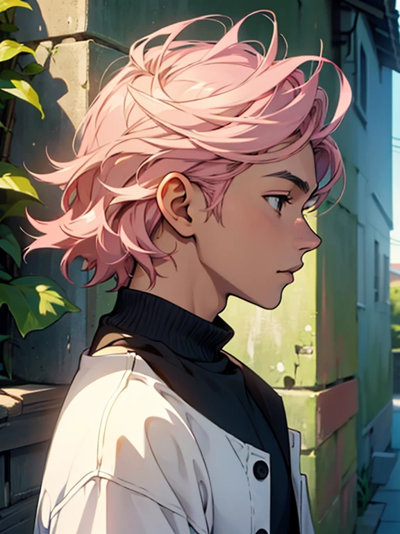 Latino teenage man, male, light brown eyes, button nose, thin lips, extremely pretty and handsome, sunlight, side profile view, casual ,short pale pink hair, pretty, highly detailed, epic, anime style