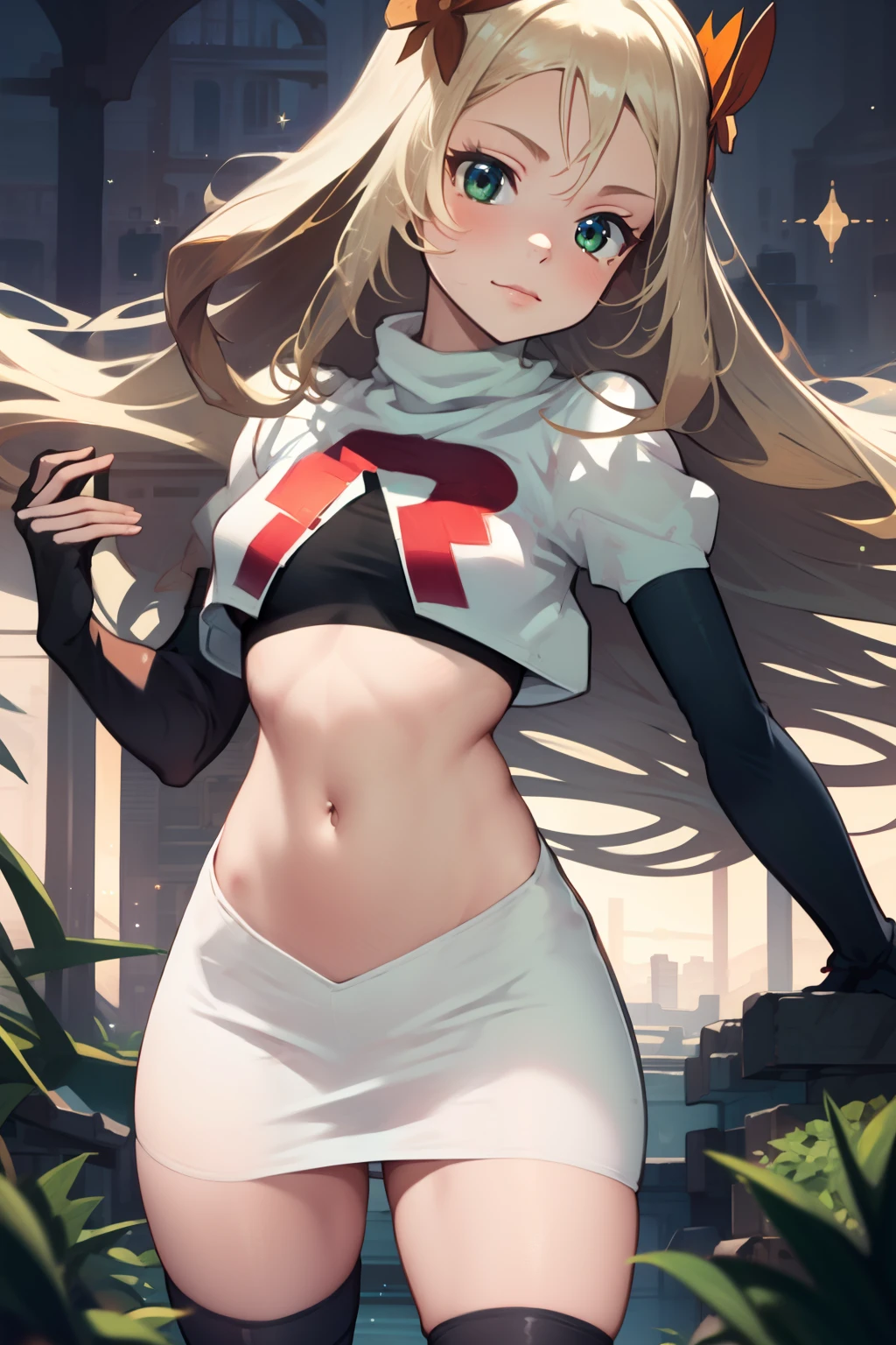 celinefe, celinecrown, team rocket uniform, red letter R, white skirt,white crop top,black thigh-high boots,black elbow gloves, cowboy shot, posing, sparkles of light around the elbow gloves