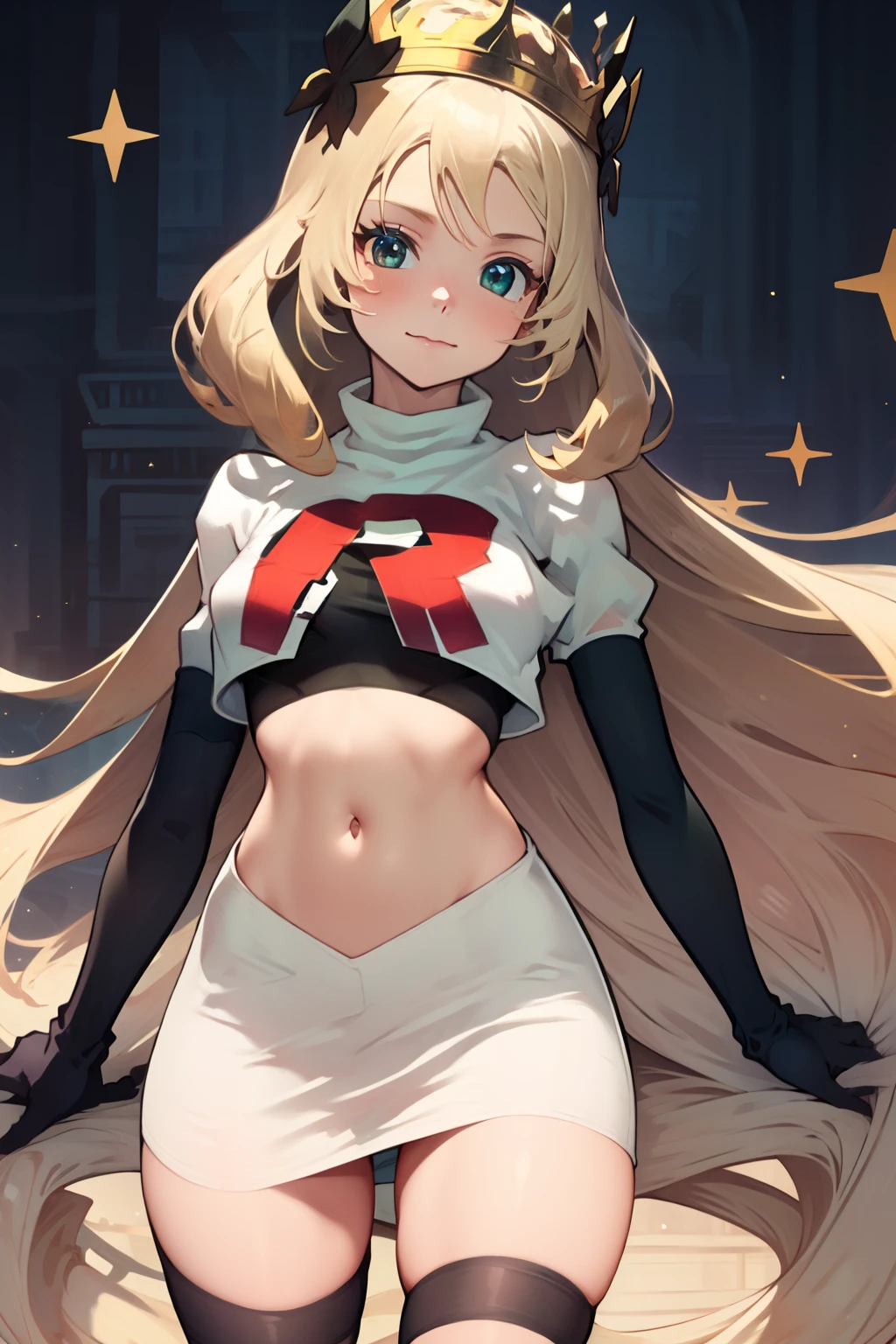 celinefe, celinecrown, team rocket uniform, red letter R, white skirt,white crop top,black thigh-high boots,black elbow gloves, cowboy shot, posing, sparkles of light around the elbow gloves