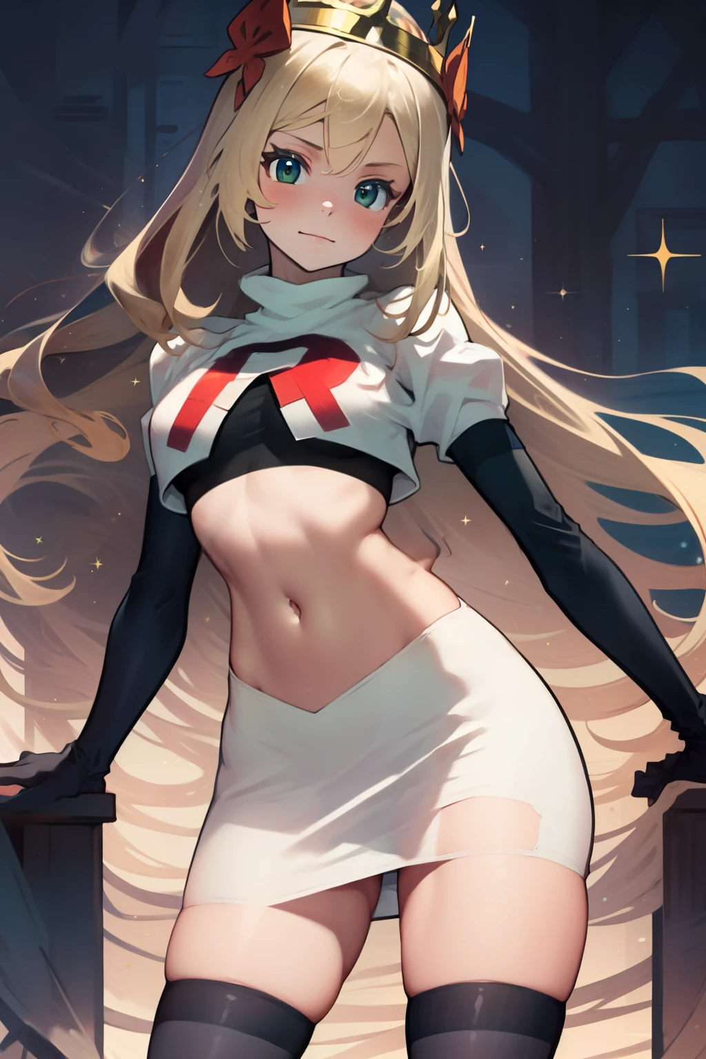 celinefe, celinecrown, team rocket uniform, red letter R, white skirt,white crop top,black thigh-high boots,black elbow gloves, cowboy shot, posing, sparkles of light around the elbow gloves