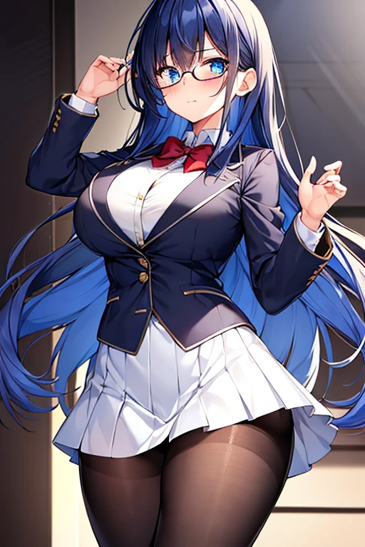 1girl, breasts, large breasts, wide hips, dark blue hair, blue hair, long hair, one eye covered, hair over one eye, blue eyes, blue eye, jacket, ((black jacket)), black jacket, miniskirt, white skirt, ((white skirt)), pantyhose, bowtie, red bowtie, shy, timid, blushing, red glasses, glasses, blush, wavy mouth