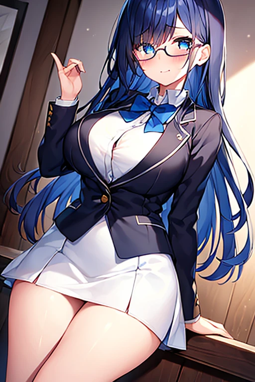 masterpiece,office,Blue Hair、,Black jacket,White shirt,small breasts are exposed,Spread your legs,M-foot:1.7,Job hunting suit:1.5,Ahega,Sexual climax:1.5, Pencil Skirt,High heels