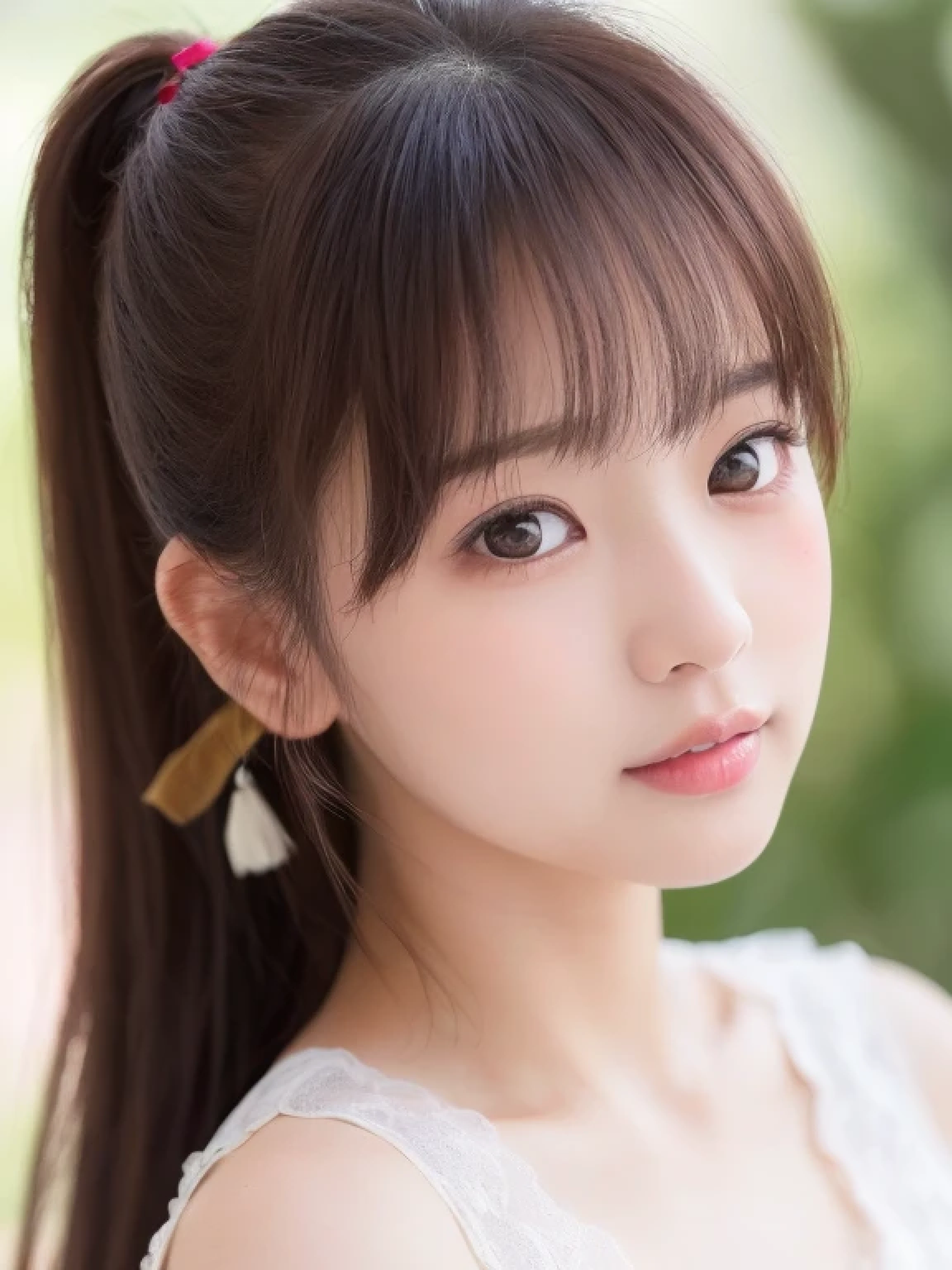 ((cute little日本の女の子、Beautiful japanese girl、1 girl in、age19、poneyTail、Highly detailed facial and skin texture、refinement、hyperdetailed face、ultradetailed eyes、blusher、blush、teak、ピンクのteakを塗った頬、close-up of woman、bustup、frontage、cute little、smooth white skin、Transparent skin texture、))、(dark brown hair、bangss)、Looking at the camera、Beautiful Women in Perfect Style:1.4、Japanese Models、Young gravure idols、若いcute littleグラビアアイドル、Realistic Young Gravure Idol、refinementされたグラビアアイドル、((top-quality、in 8K、masterpiece:1.3))、(4K、Raw photography、top-quality)、(reallistic、フォトreallistic:1.37)、Place a person on the other side of the screen、natural soft light、upper body and head、refinement、