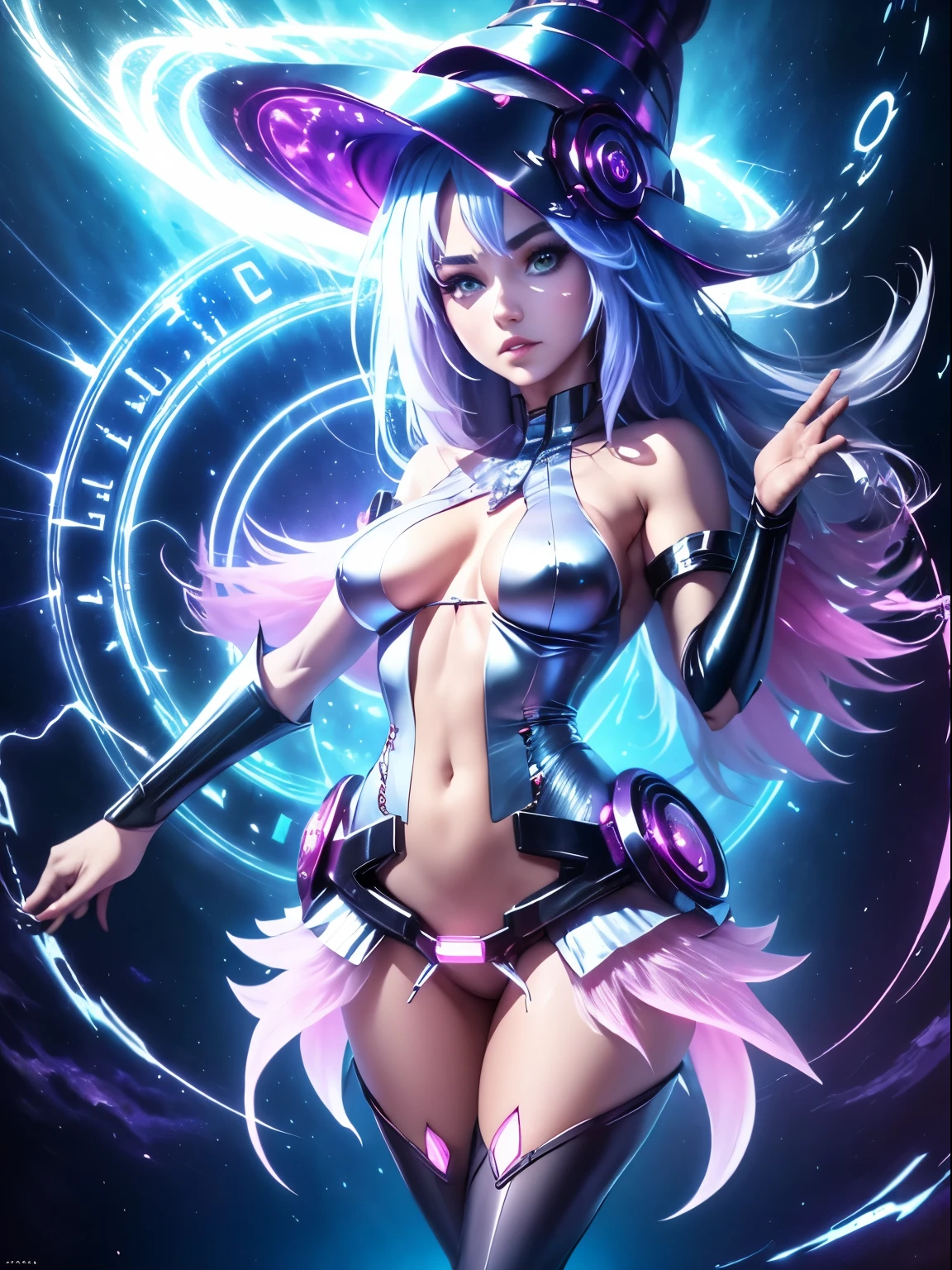 ultra-detallado, extremadamente detallado, obra maestra, sthe highest qualit, la mejor calidad, absurdos, highres, dark magician girl, (1girl: 1.2), solo, cara detallada, dynamic pose, flujo de cabello, (cuerpo completo: 1.1), cabello rubio, cabello largo, mirando al espectador, ojos verdes, skindentation, piel detallada, poros de la piel, (piel brillante, piel brillante: 1.1), detalles de piel rosada, senos, toenail polish, falda, calzado azul, sombrero azul, sombrero de mago, varita, holding hat, (bragas azules: 0.9), (summoning circle: 1.1), hexagrama, pentacle, pentagrama, yu-gi-oh!, monstruo de duelo, Purple Magic Field, resplandor, fondo detallado, fondo intrincado, Pose sujestiva y sensual