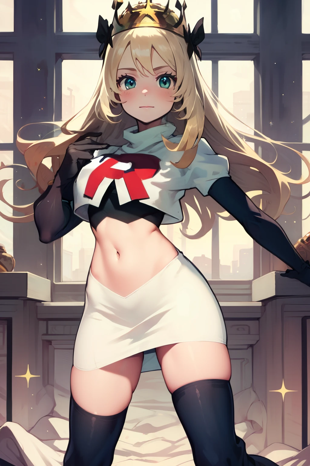 celinefe, celinecrown, team rocket uniform, red letter R, white skirt,white crop top,black thigh-high boots,black elbow gloves, cowboy shot, posing, sparkles of light around the elbow gloves