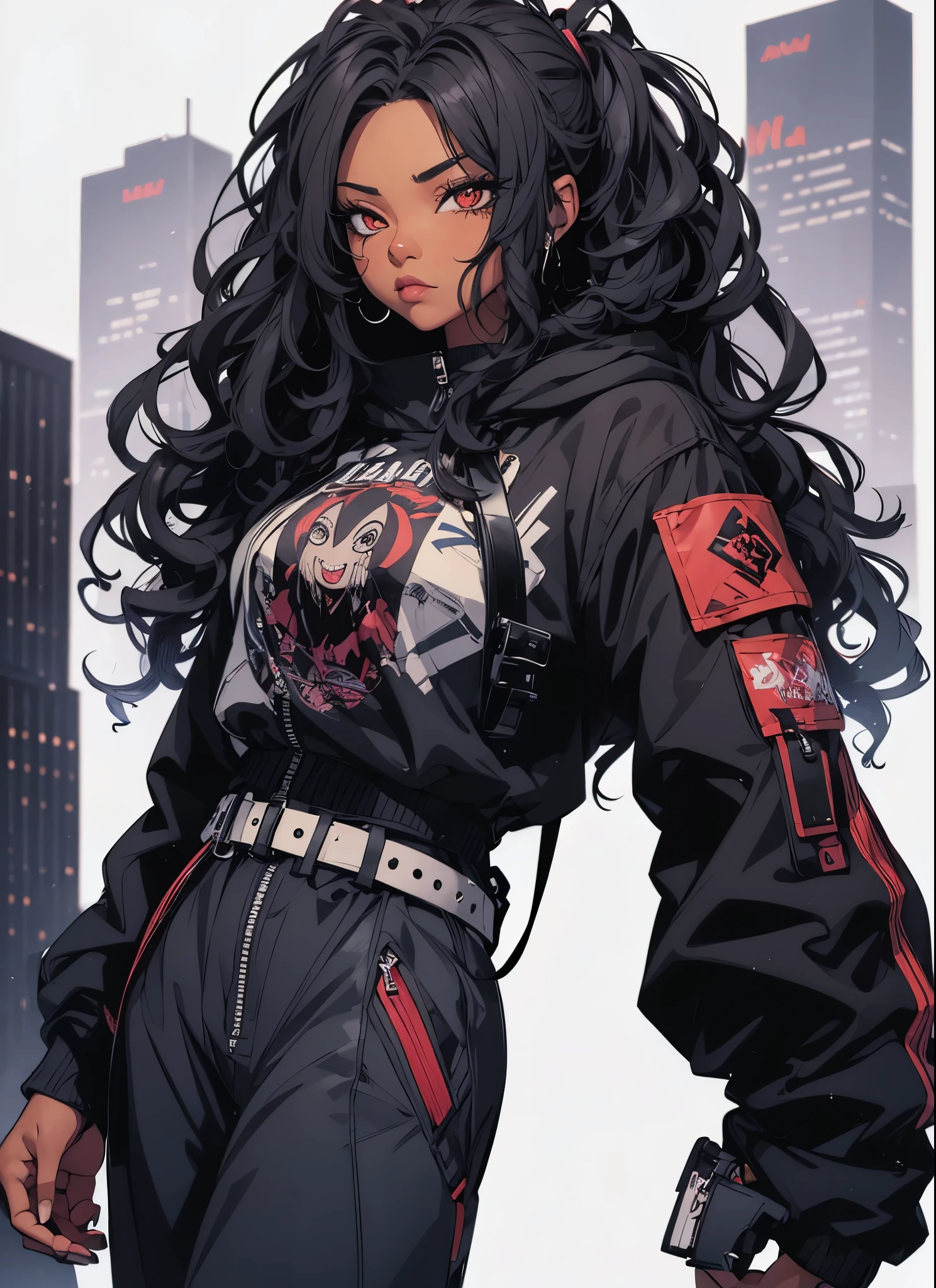 a woman with long black hair wearing a jacket and pants, African American skin, girl fanart, she is wearing streetwear, detailed anime character art, highly detailed character design, in style of digital illustration, anime style character, high quality character design, anime style illustration, cyberpunk anime girl in hoodie, black long curly hair, rossdraws | afrofuturism