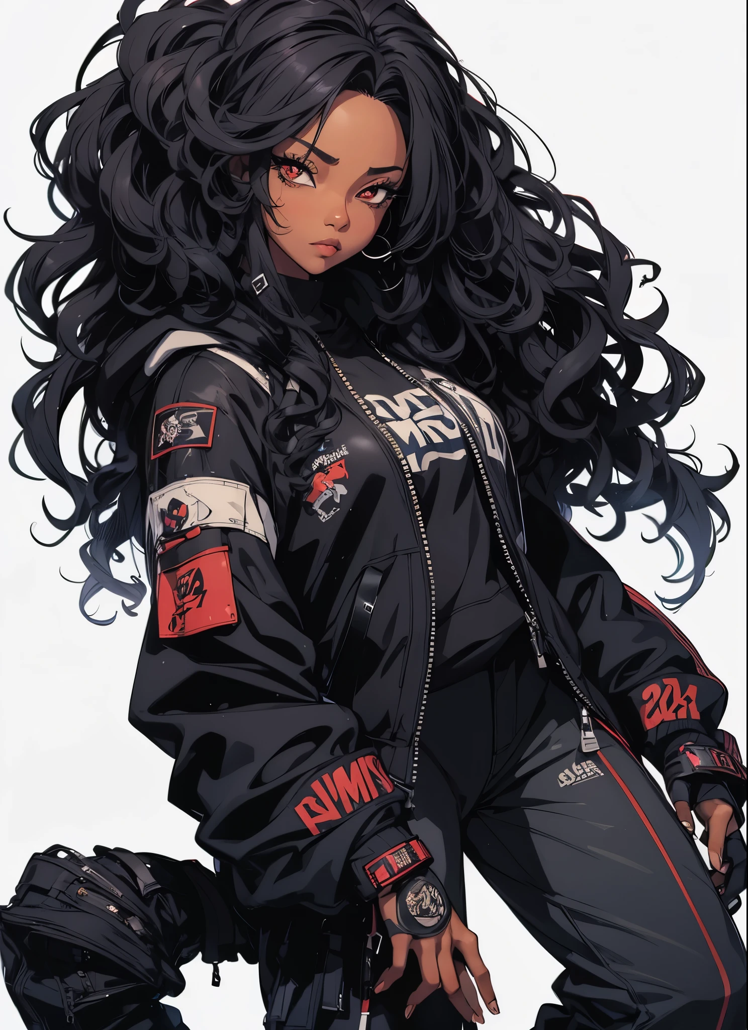 a woman with long black hair wearing a jacket and pants, African American skin, girl fanart, she is wearing streetwear, detailed anime character art, highly detailed character design, in style of digital illustration, anime style character, high quality character design, anime style illustration, cyberpunk anime girl in hoodie, black long curly hair, rossdraws | afrofuturism