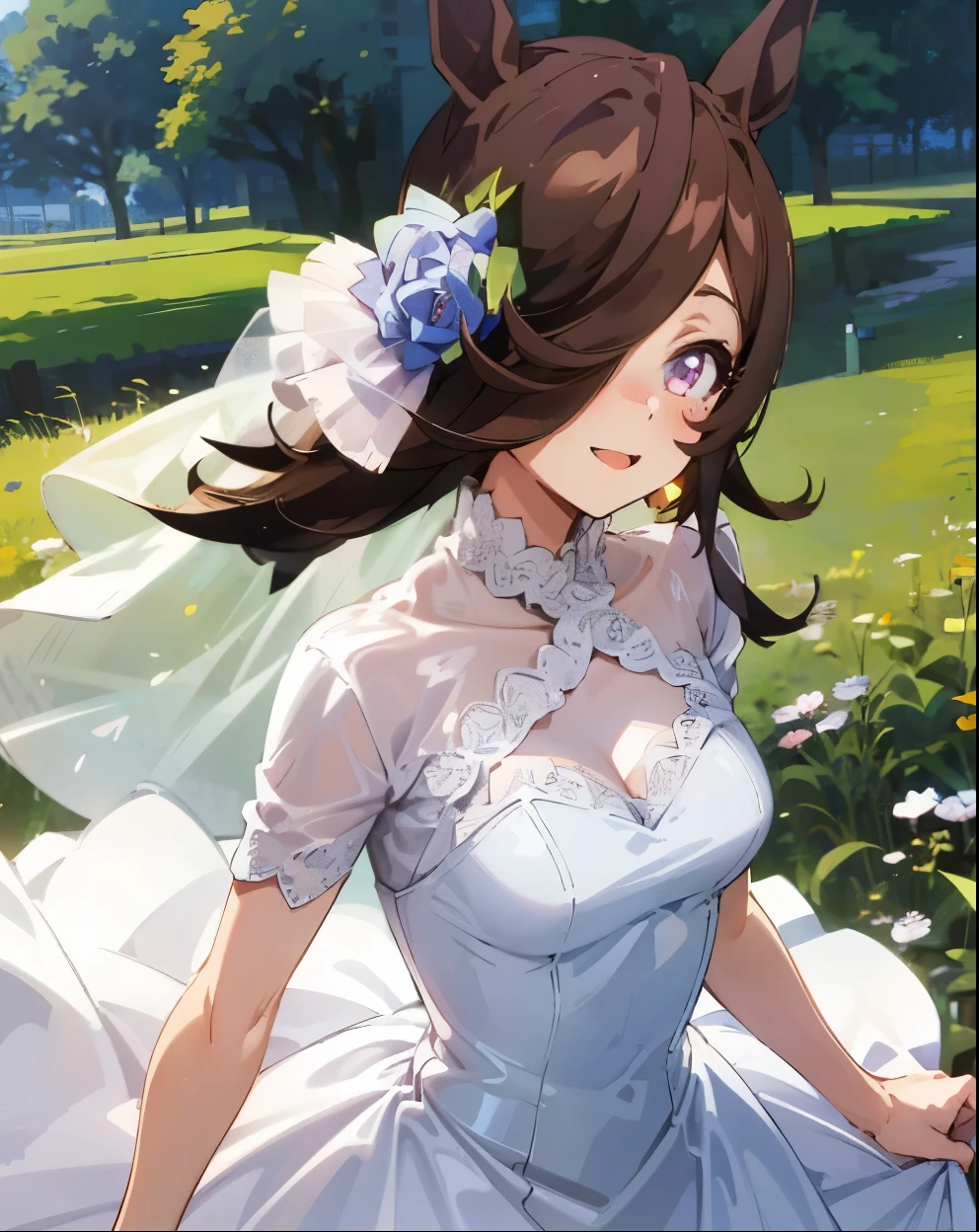 masuter piece, Best Quality, 超A high resolution, top-quality, Anime style, The best lighting, Beautiful face, (Umamusume),1girl in,A clear day,Smile, Face four count knit dress:1.3), Remove the hat