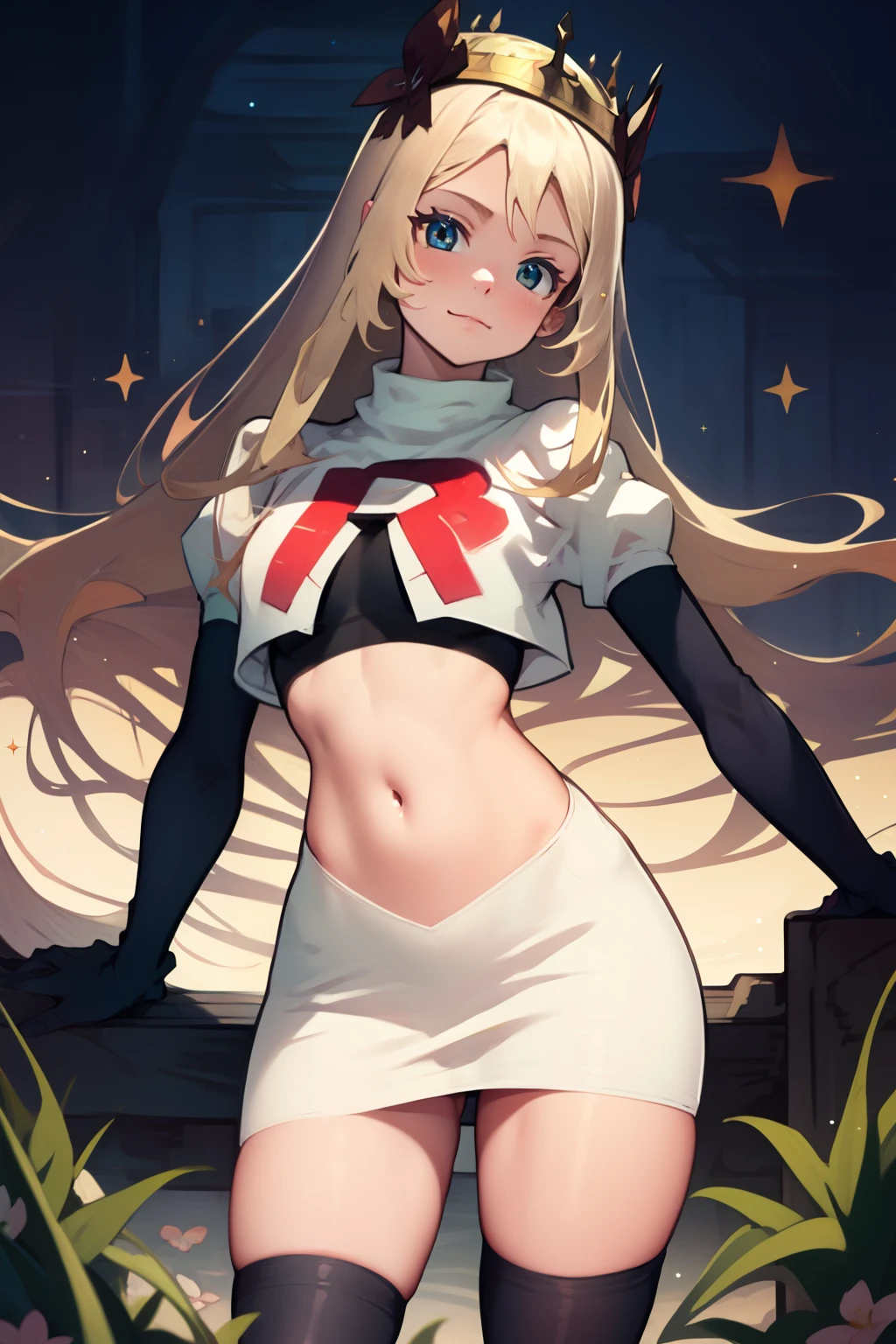 celinefe, celinecrown, team rocket uniform, red letter R, white skirt,white crop top,black thigh-high boots,black elbow gloves, cowboy shot, posing, sparkles of light around the elbow gloves