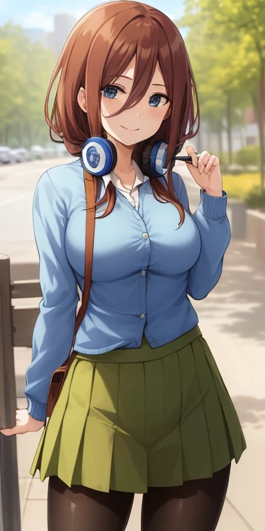 2d, masterpiece, best quality, anime, highly detailed, 1girl, solo, cowboy shot, nakano miku, brown hair, hair between eyes, blue cardigan, headphones, pantyhose, collared shirt, green skirt, miniskirt, medium breasts, standing, school, outdoors, smile